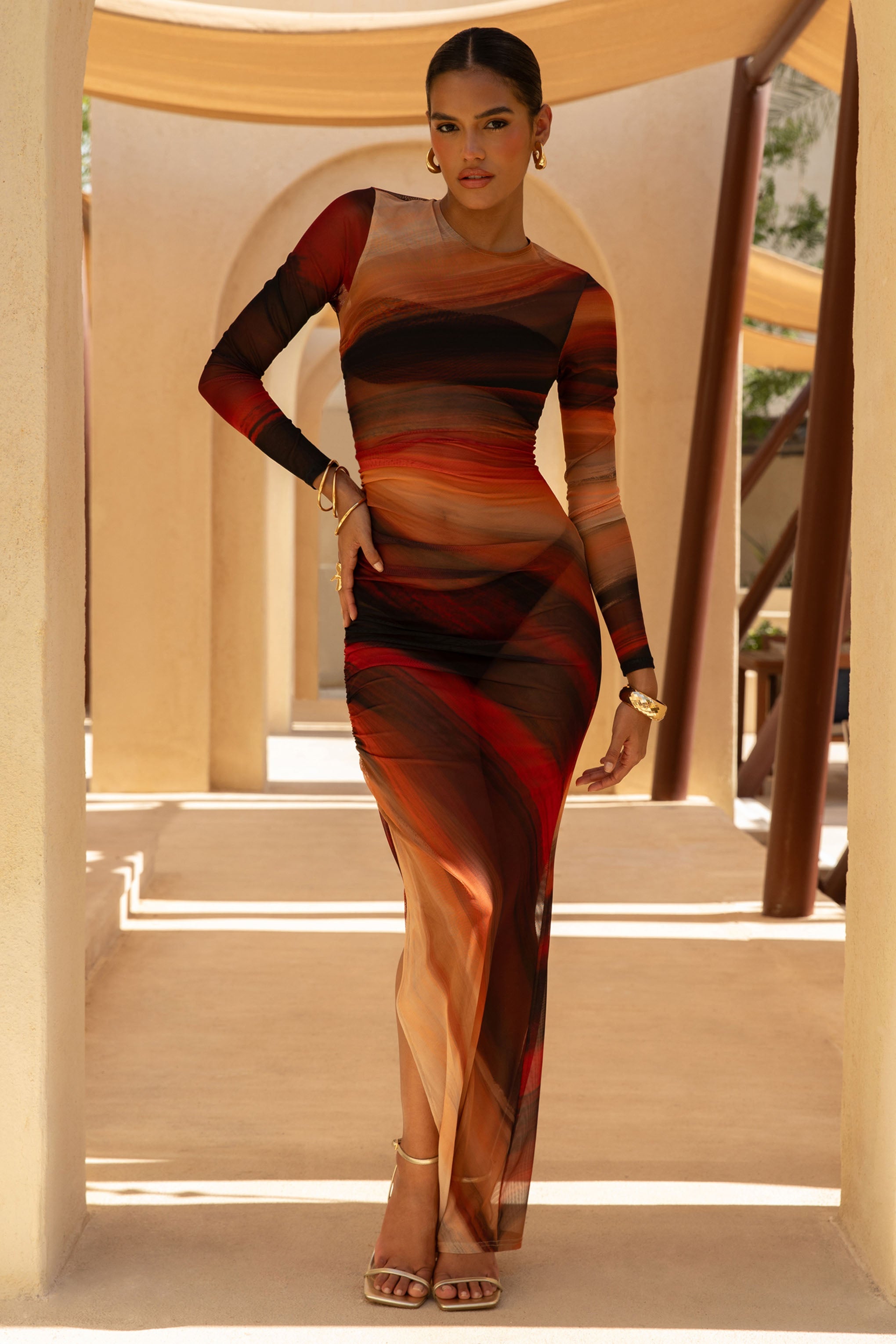 Barzilio | Ombre Uzun Kollu Bodycon Maxi Elbise