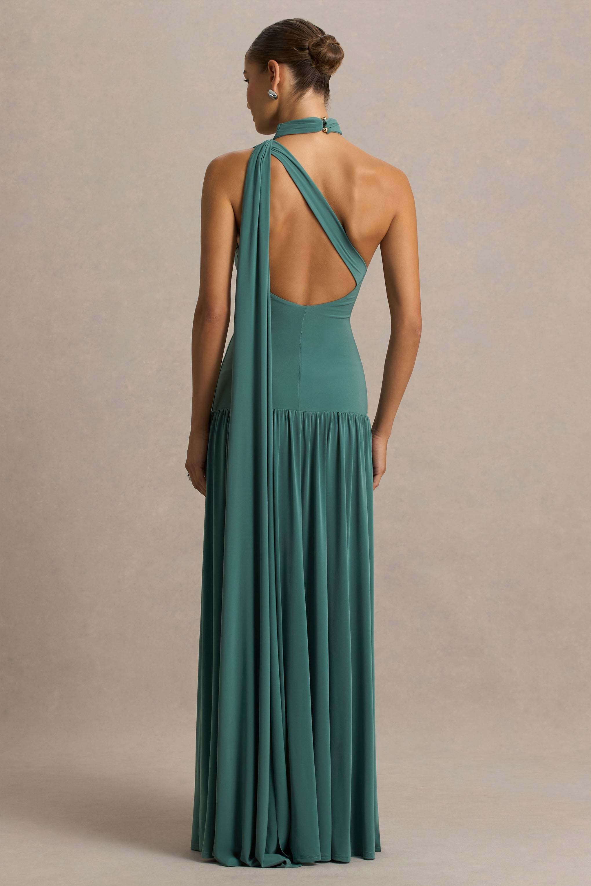 Freesia | Şal Detaylı Asimetrik Yaka Maxi Elbise - Teal