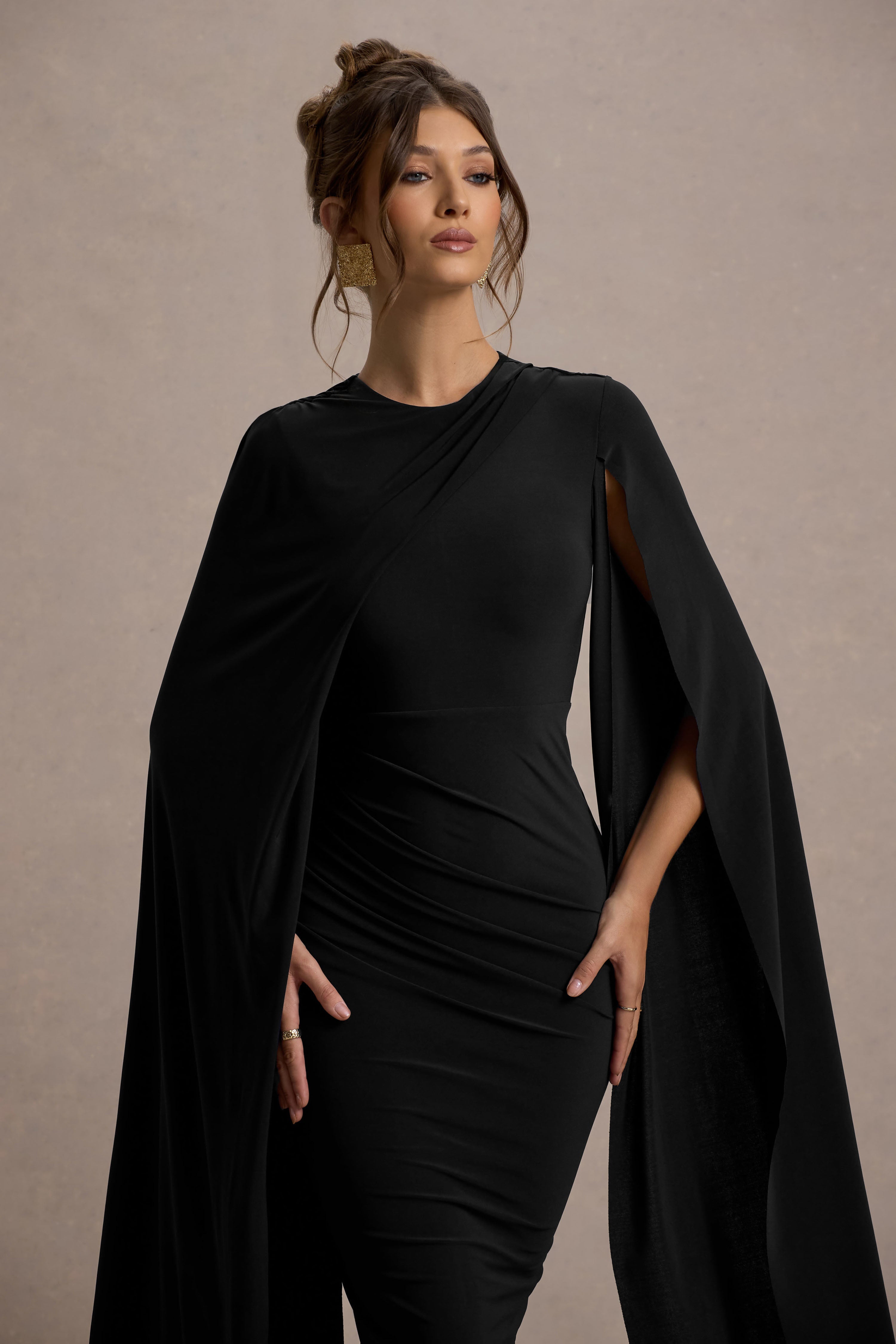 Marysol | Siyah Asimetrik Kloş Midi Elbise