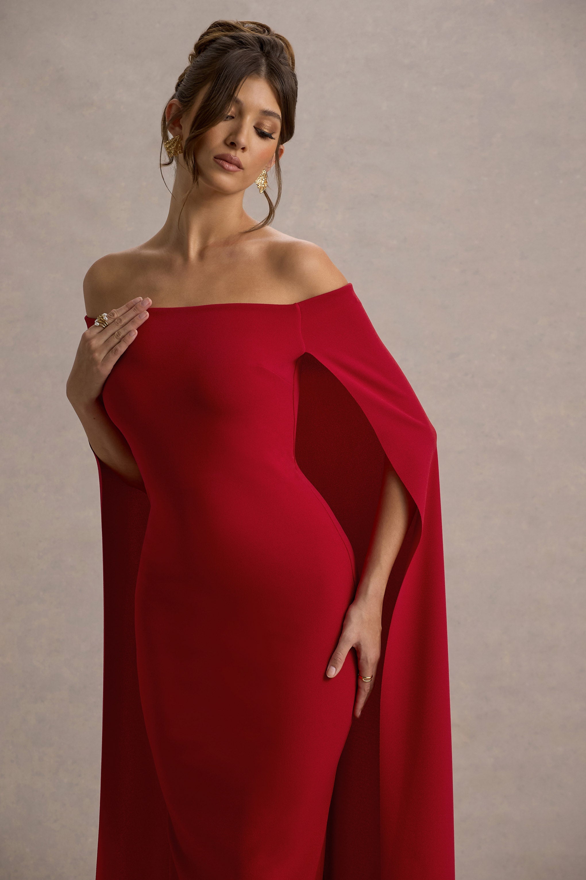 Genovia | Kırmızı Bardot Pelerin Maxi Elbise