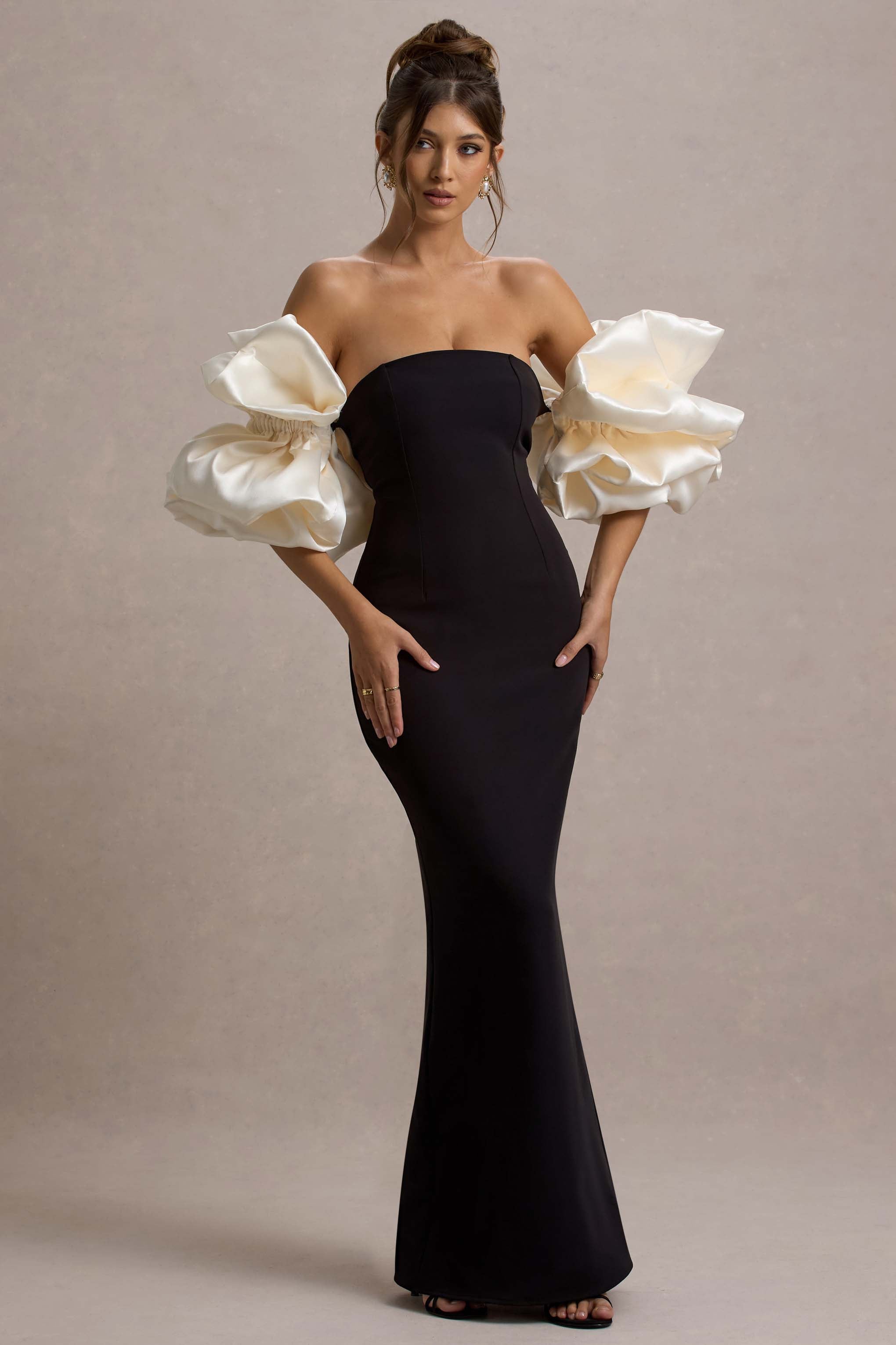 Evermore | Siyah & Krem Puf Kol Maxi Elbise