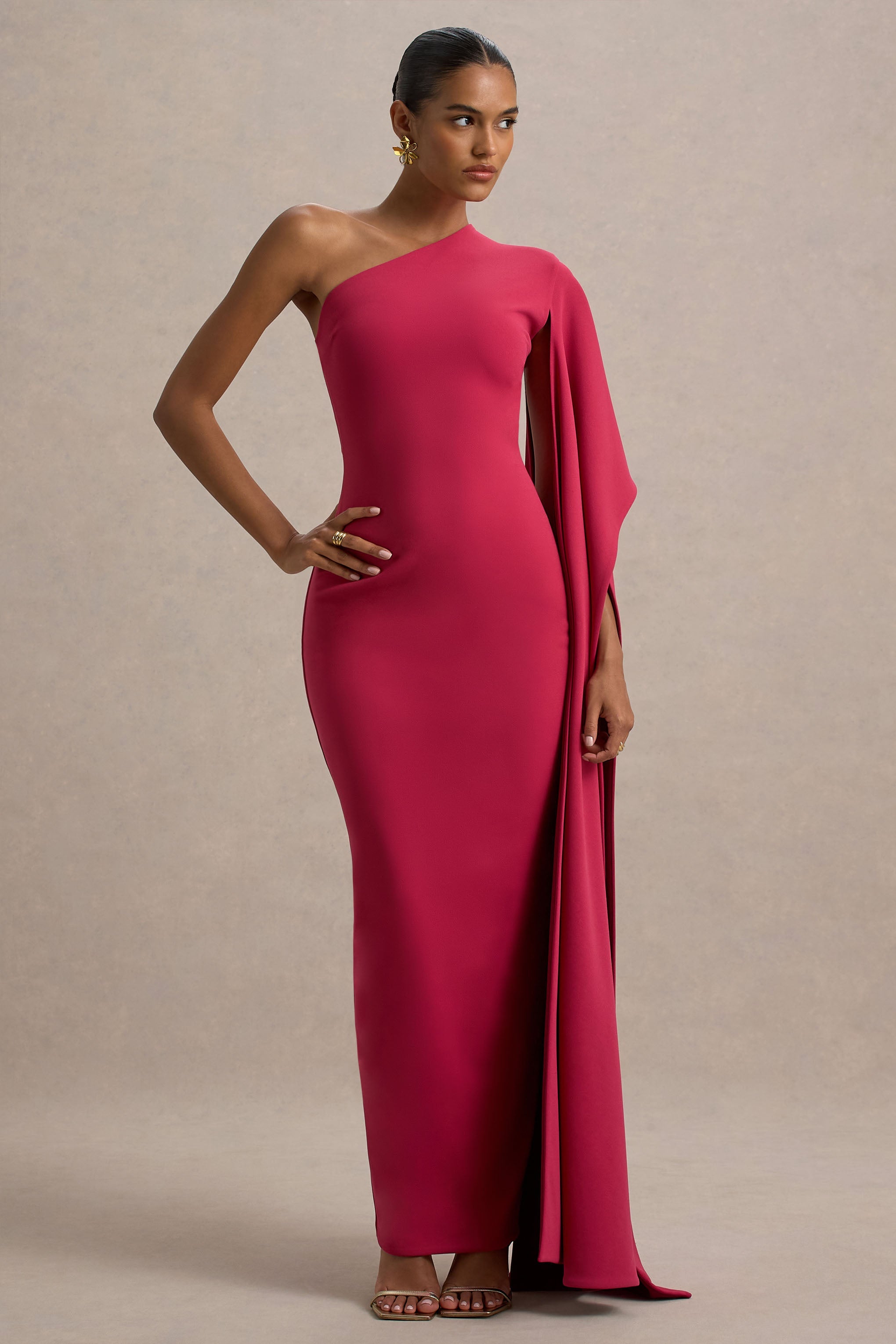 Lily | Hot Pembe ve Bordo Asimetrik Maxi Elbise, Pelerin Kollu