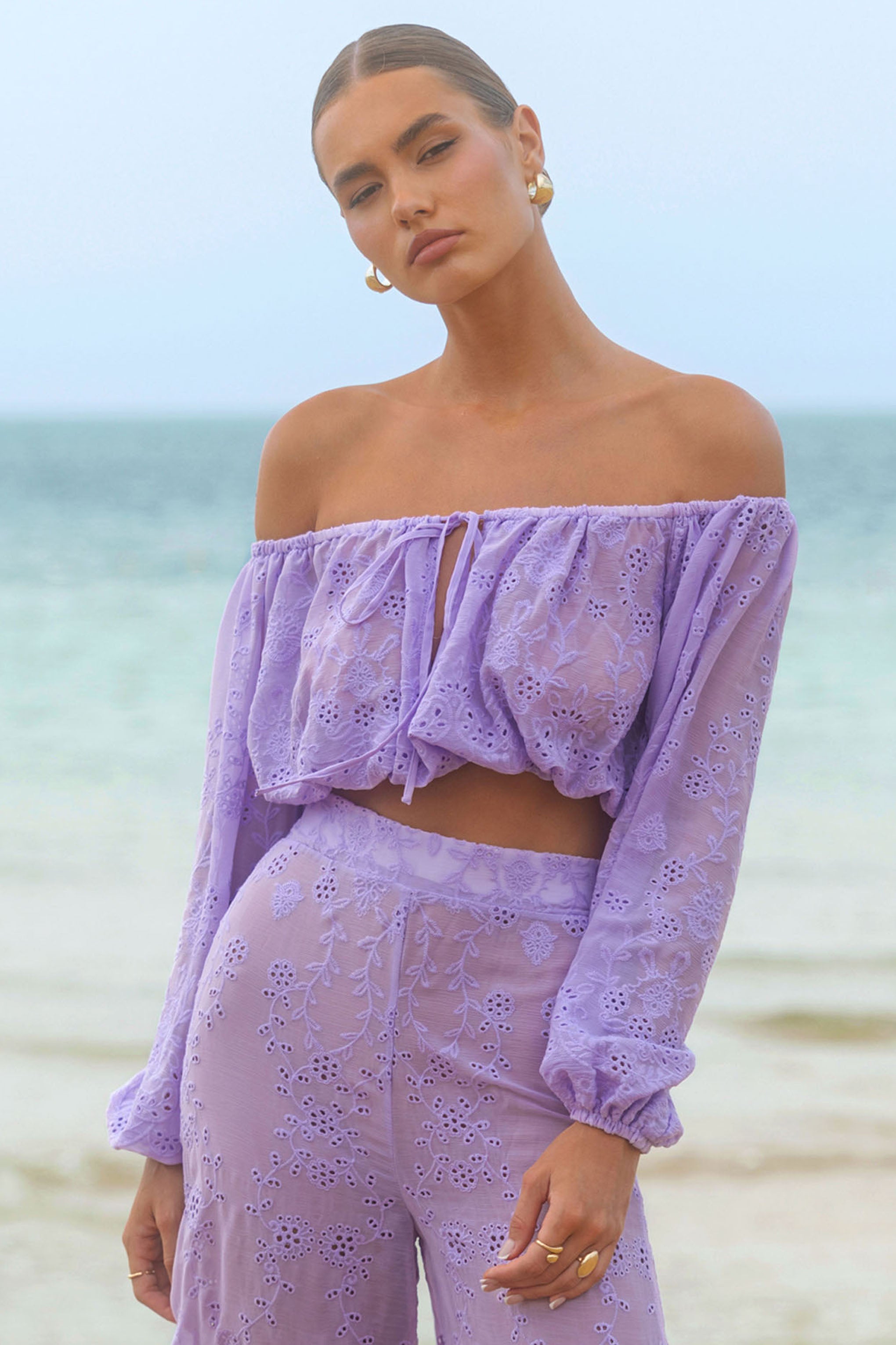 Fabienne | Leylak Broidery Bardot Puf Kollu Üst