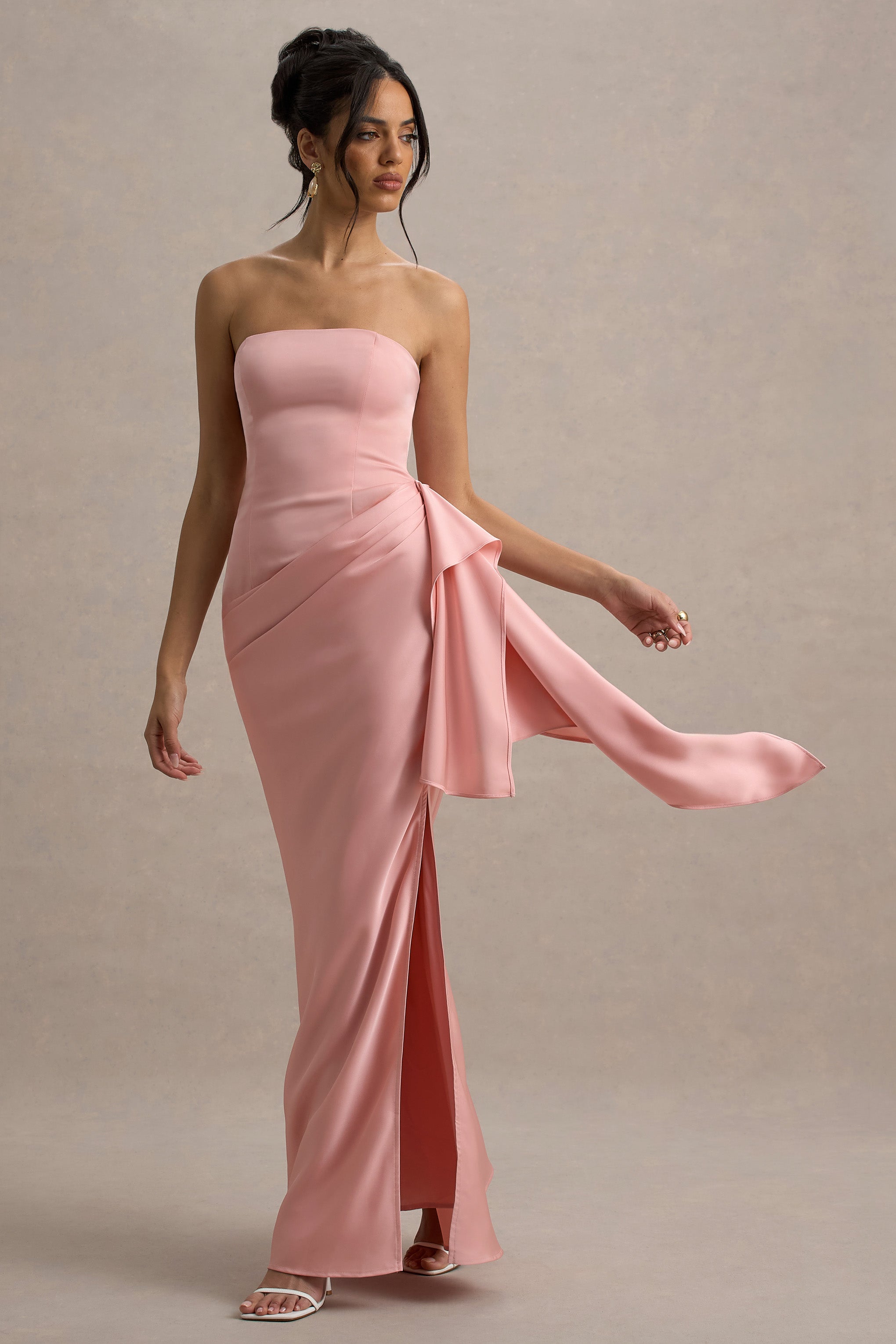 Loz | Açık Pembe Saten Bandeau Drapeli Maxi Elbise