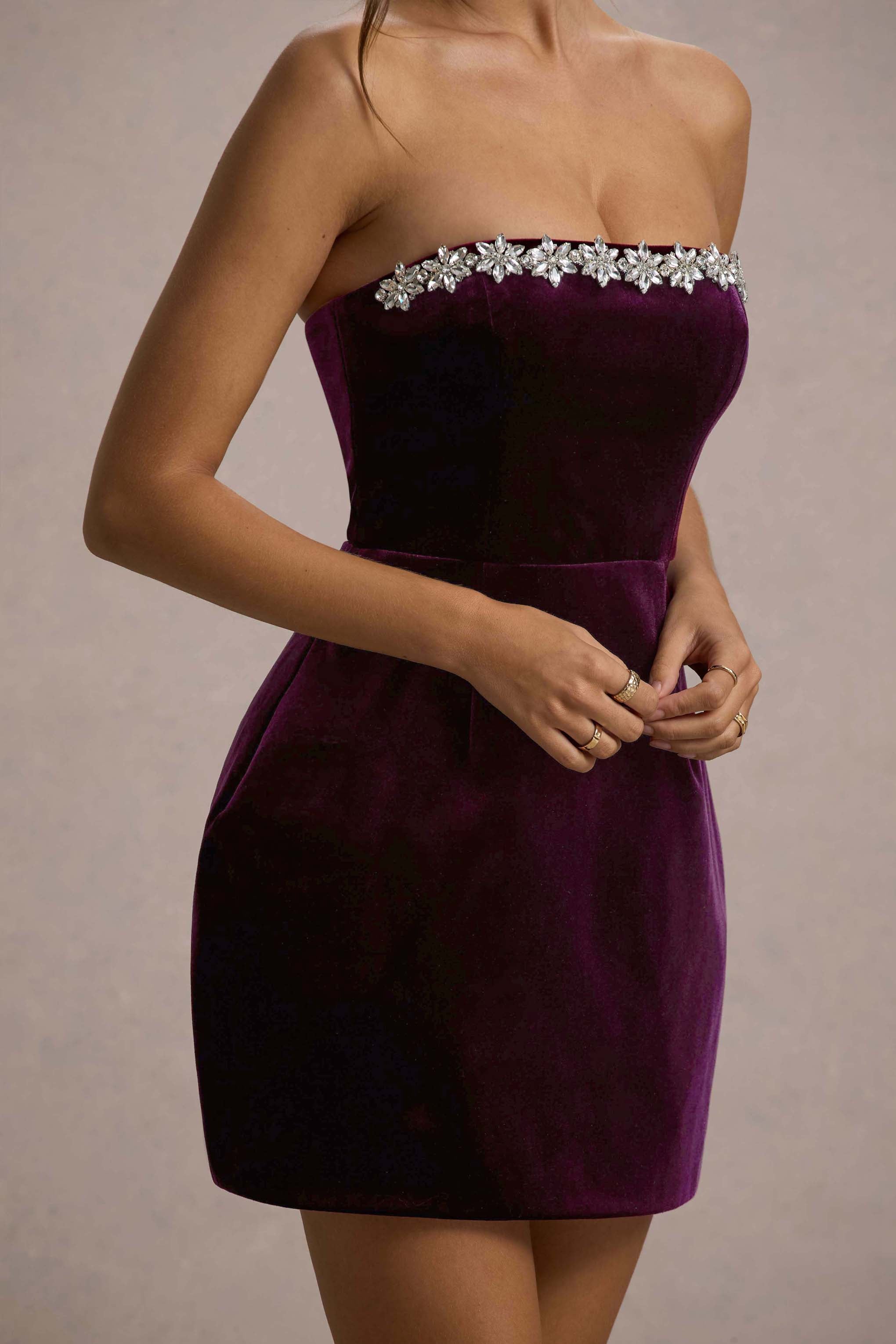 Naia | Port Kadife Süslemeli Bandeau Mini Elbise