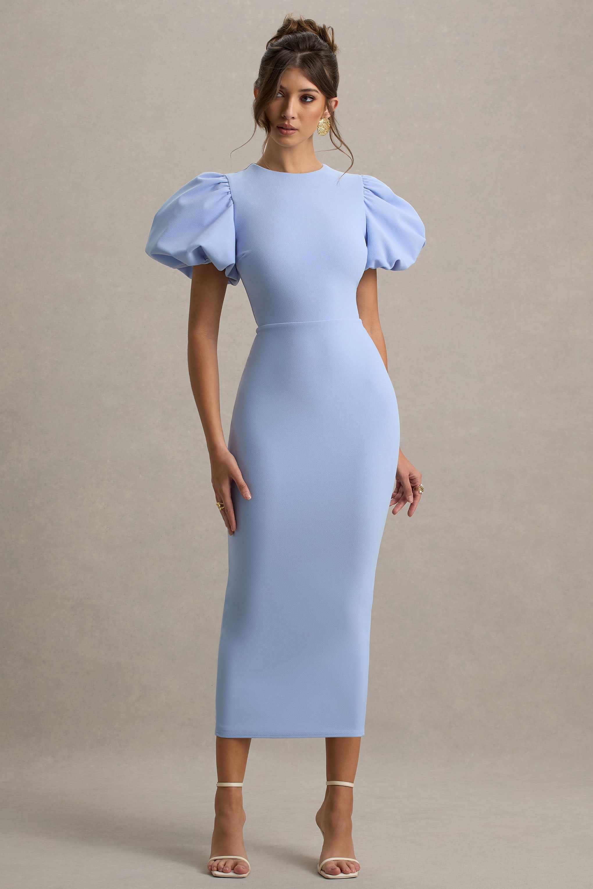 Dakota | Toz Mavi Puff-Sleeve Midi Elbise