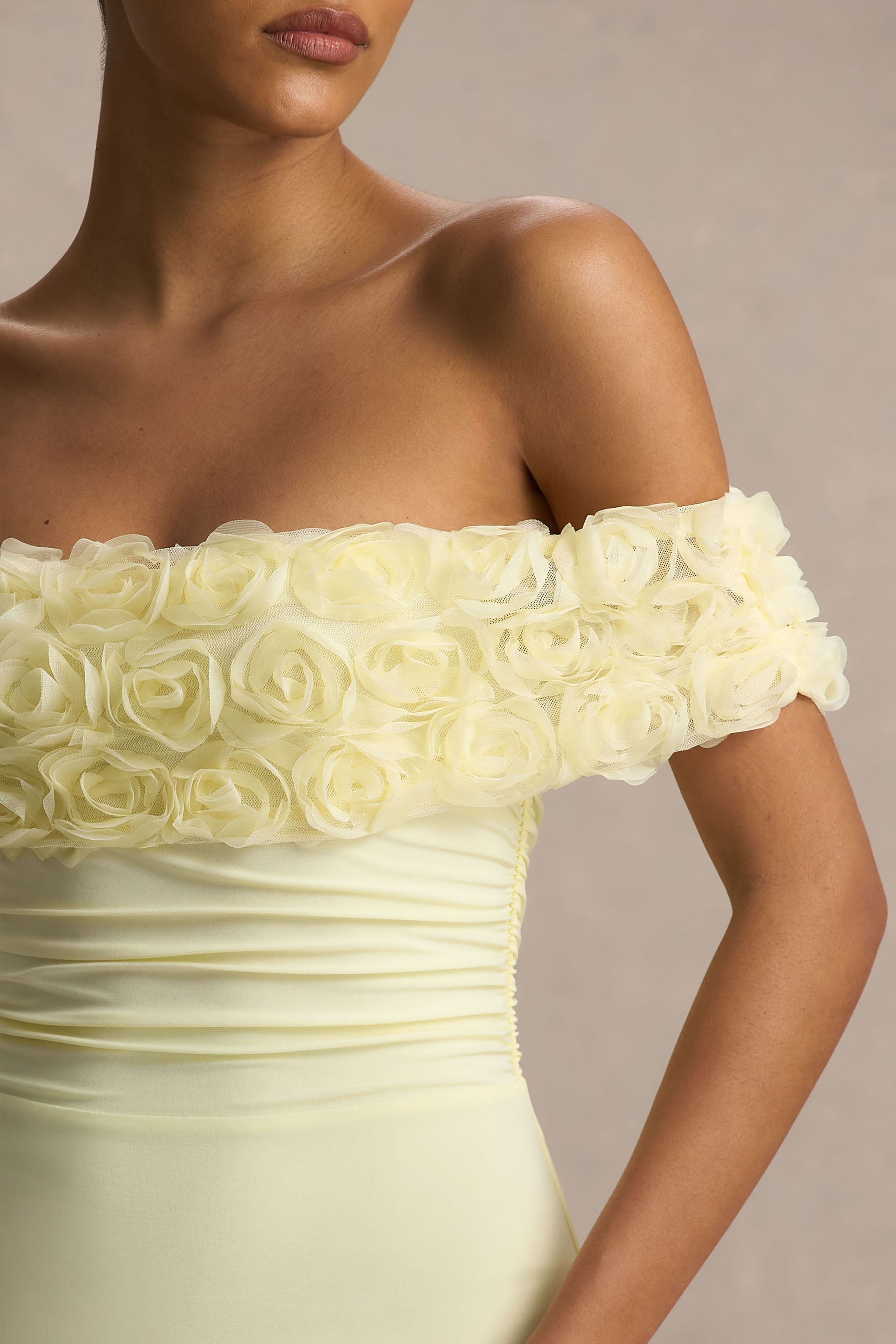 Pastille | Şifon Detaylı Limon Çiçekli Bardot Maxi Elbise