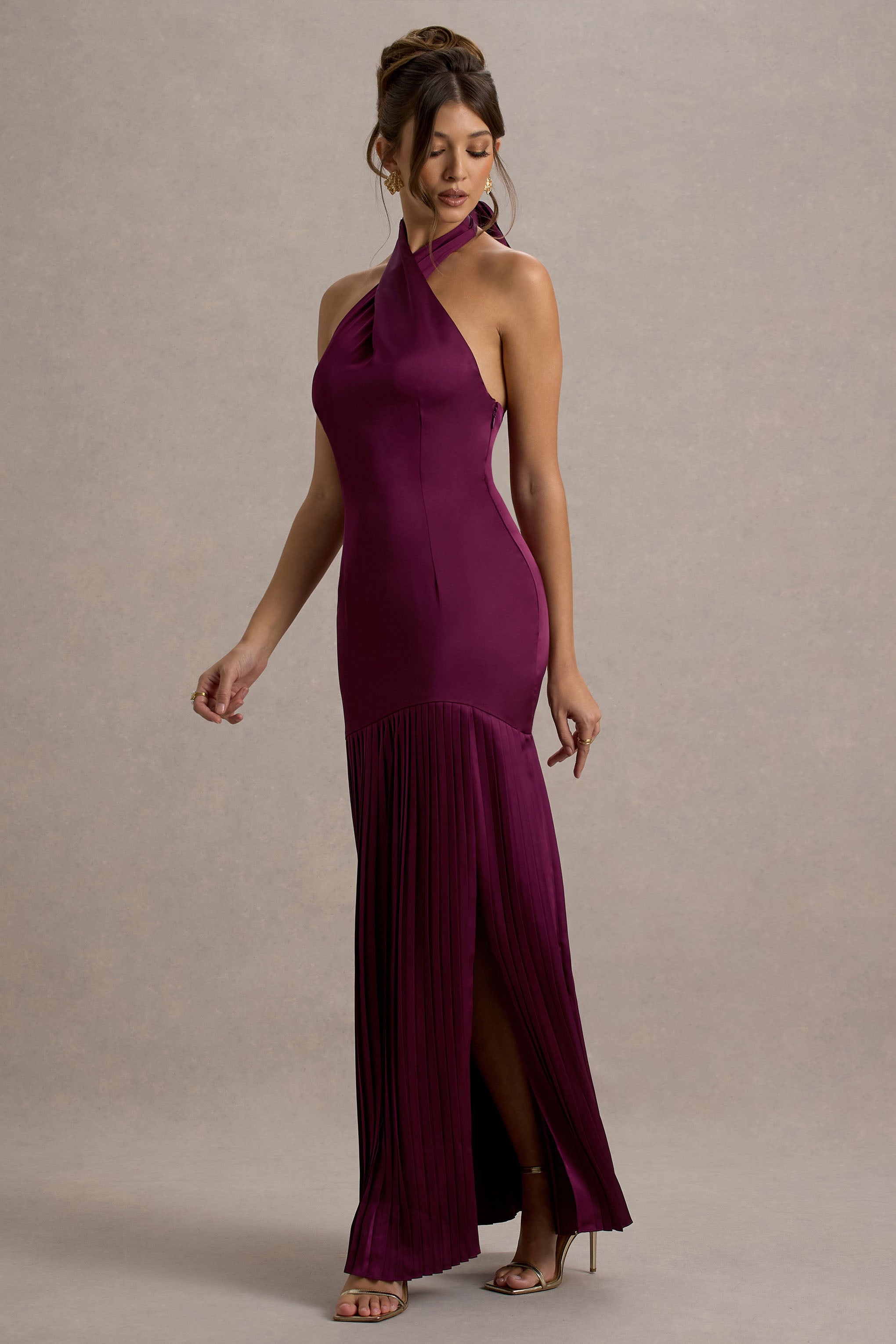 Sansa | Bordo Saten Çapraz Halter Yaka Plise Maxi Elbise