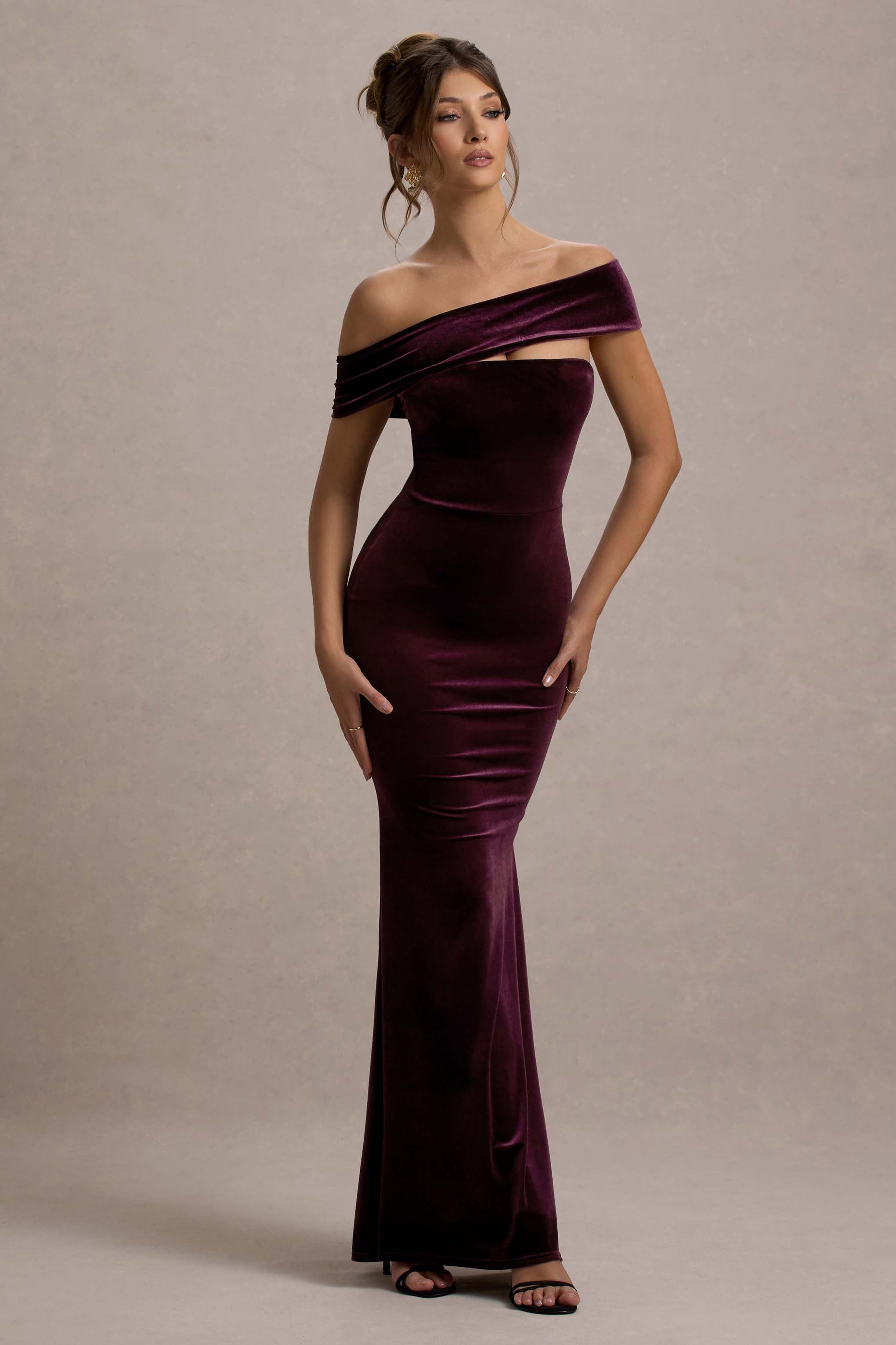Candela | Port Kadife Asimetrik Bardot Maxi Elbise