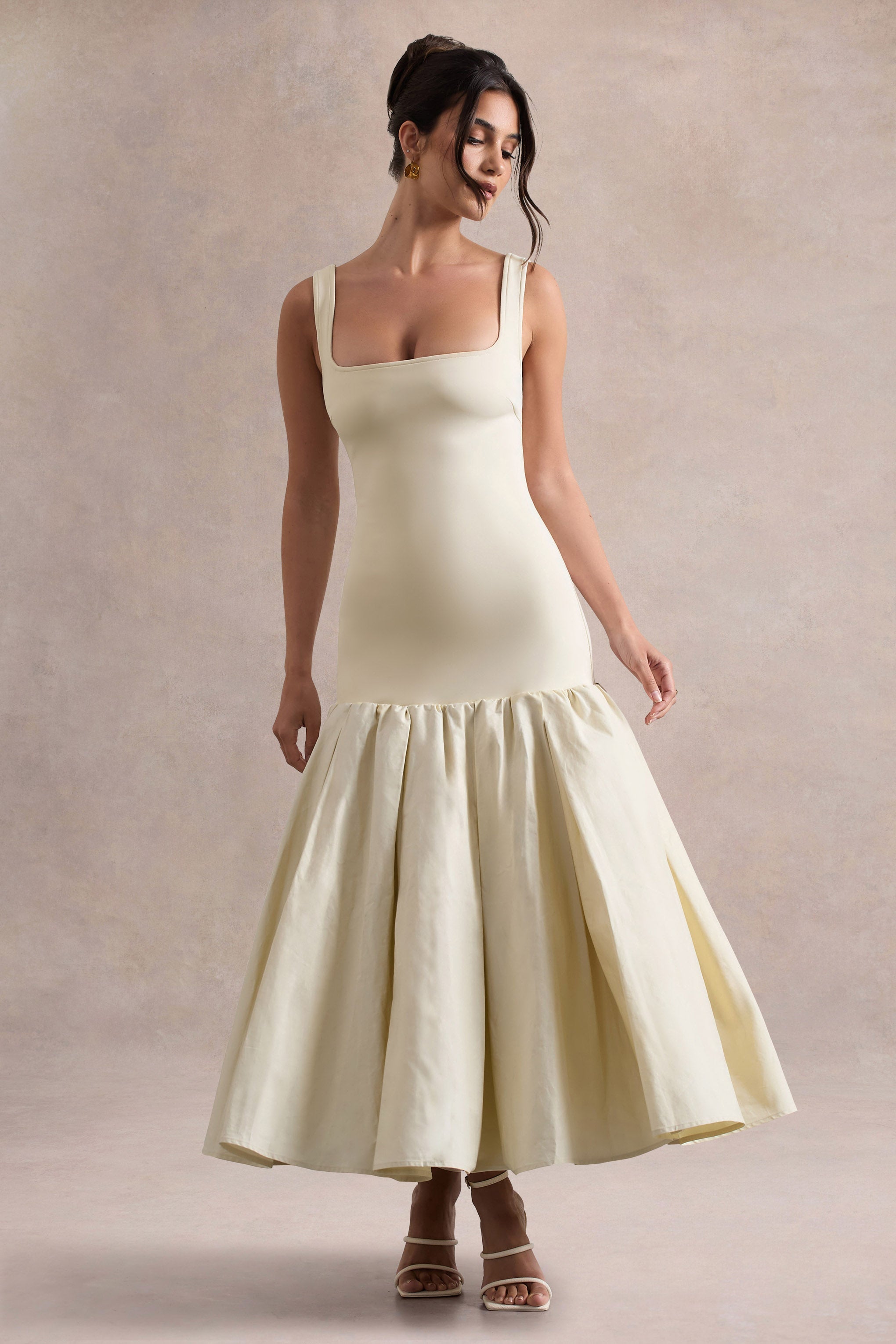 Parida | Peplum Etekli Krem Poplin Midi Elbise