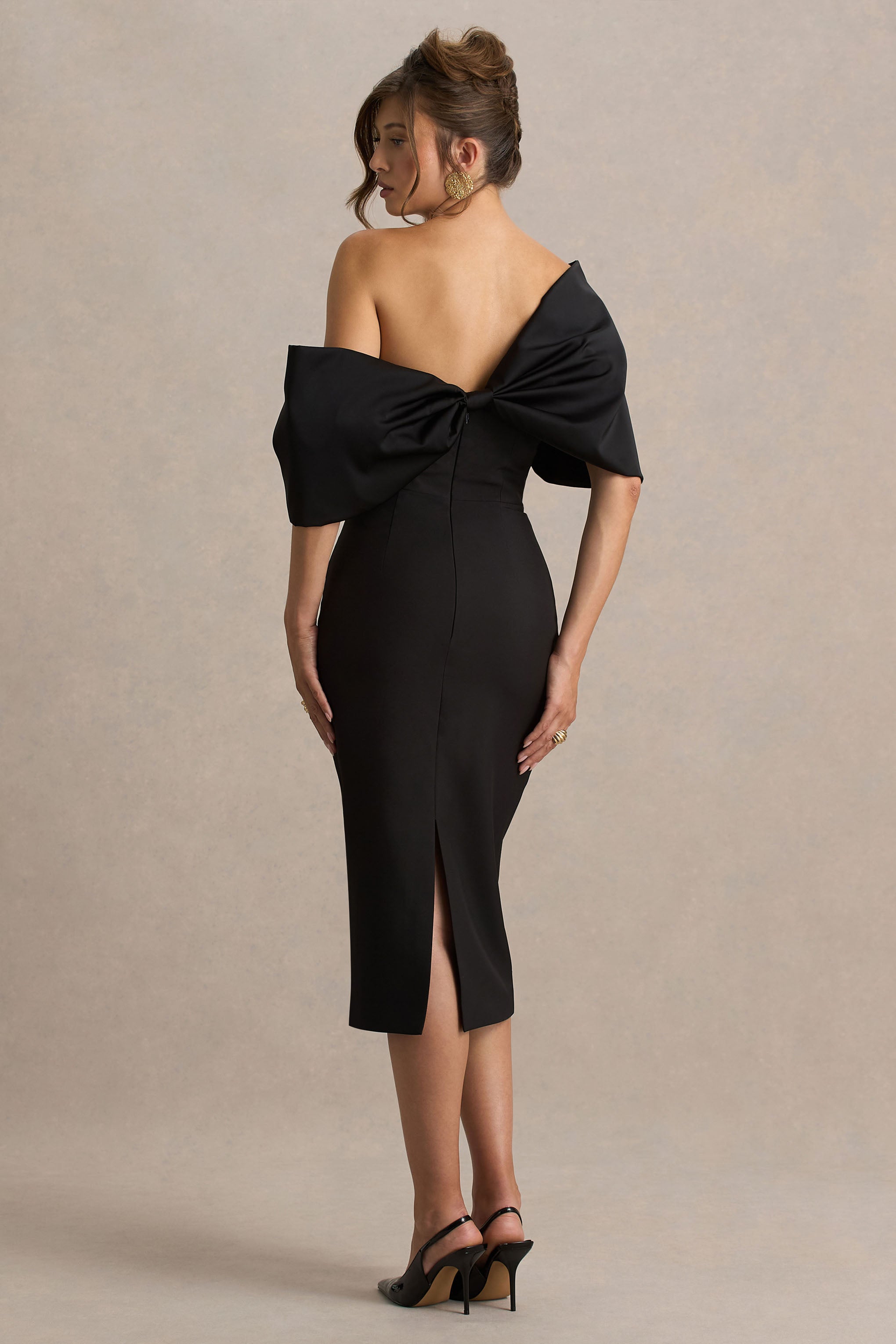 Lucille | Siyah Asimetrik Bardot Midi Elbise