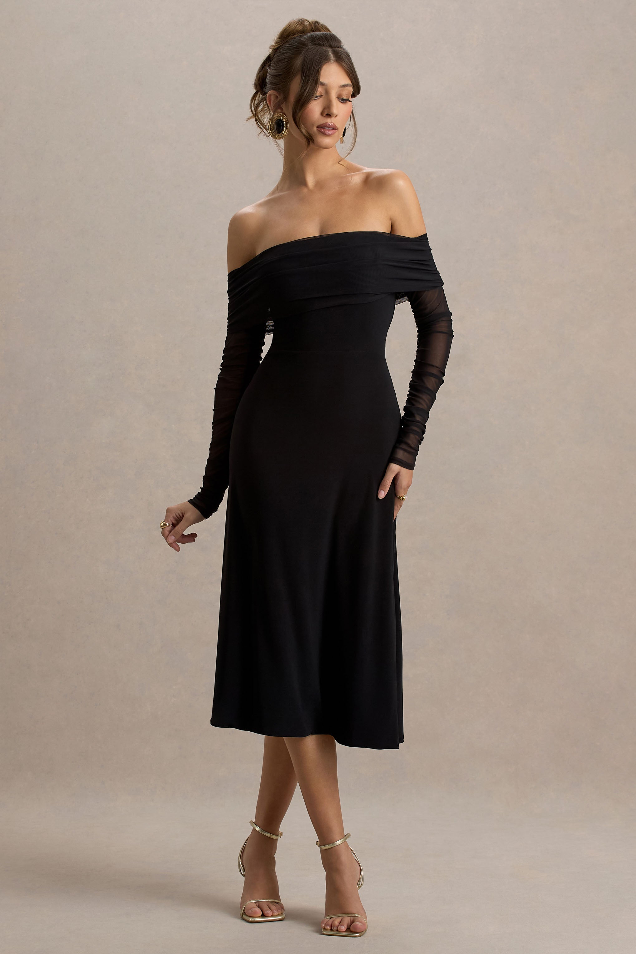 Flatter Me | Siyah Bardot Midi Elbise, File Kollar