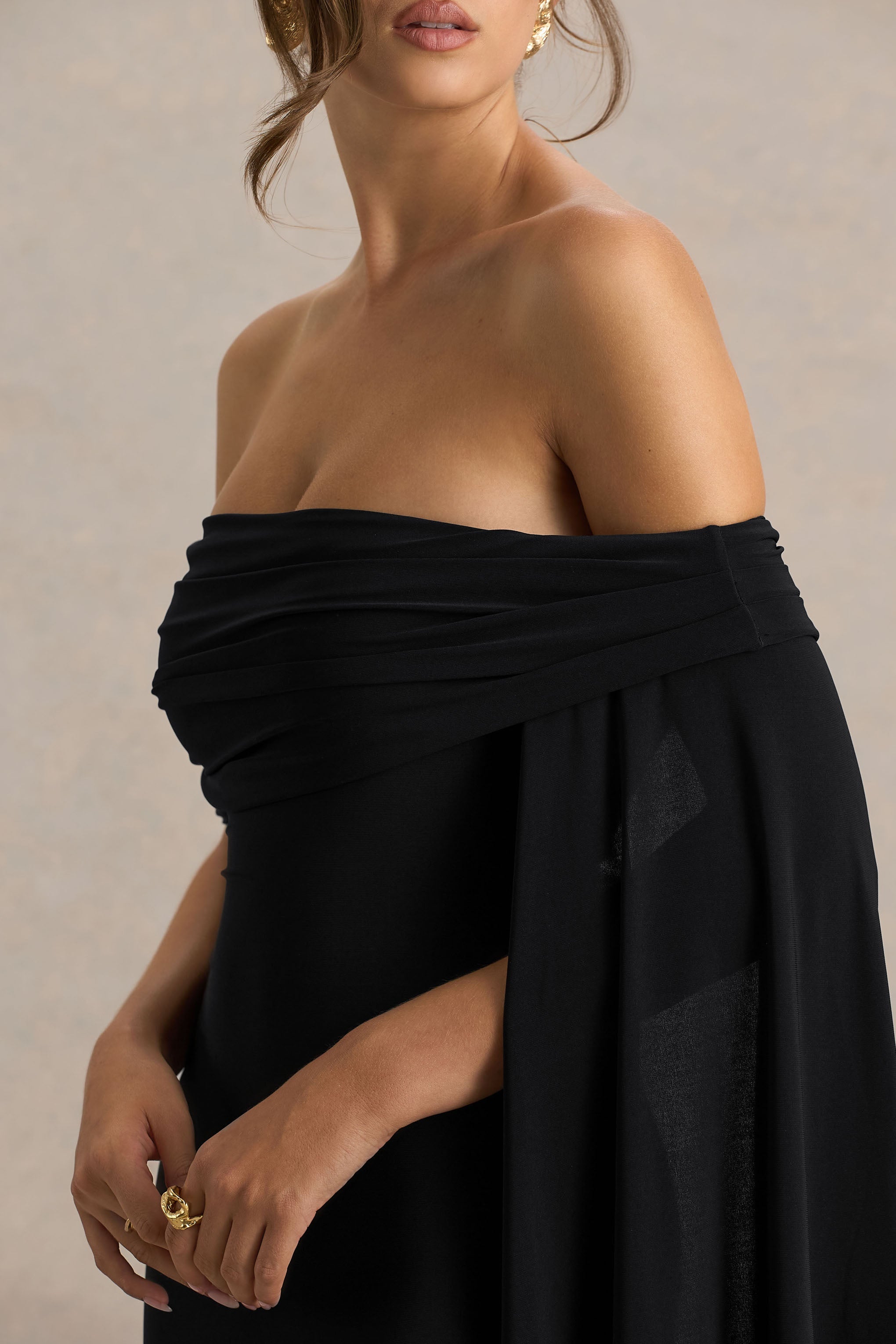 Saffina | Sash Detaylı Siyah Bardot Yaka Maxi Elbise