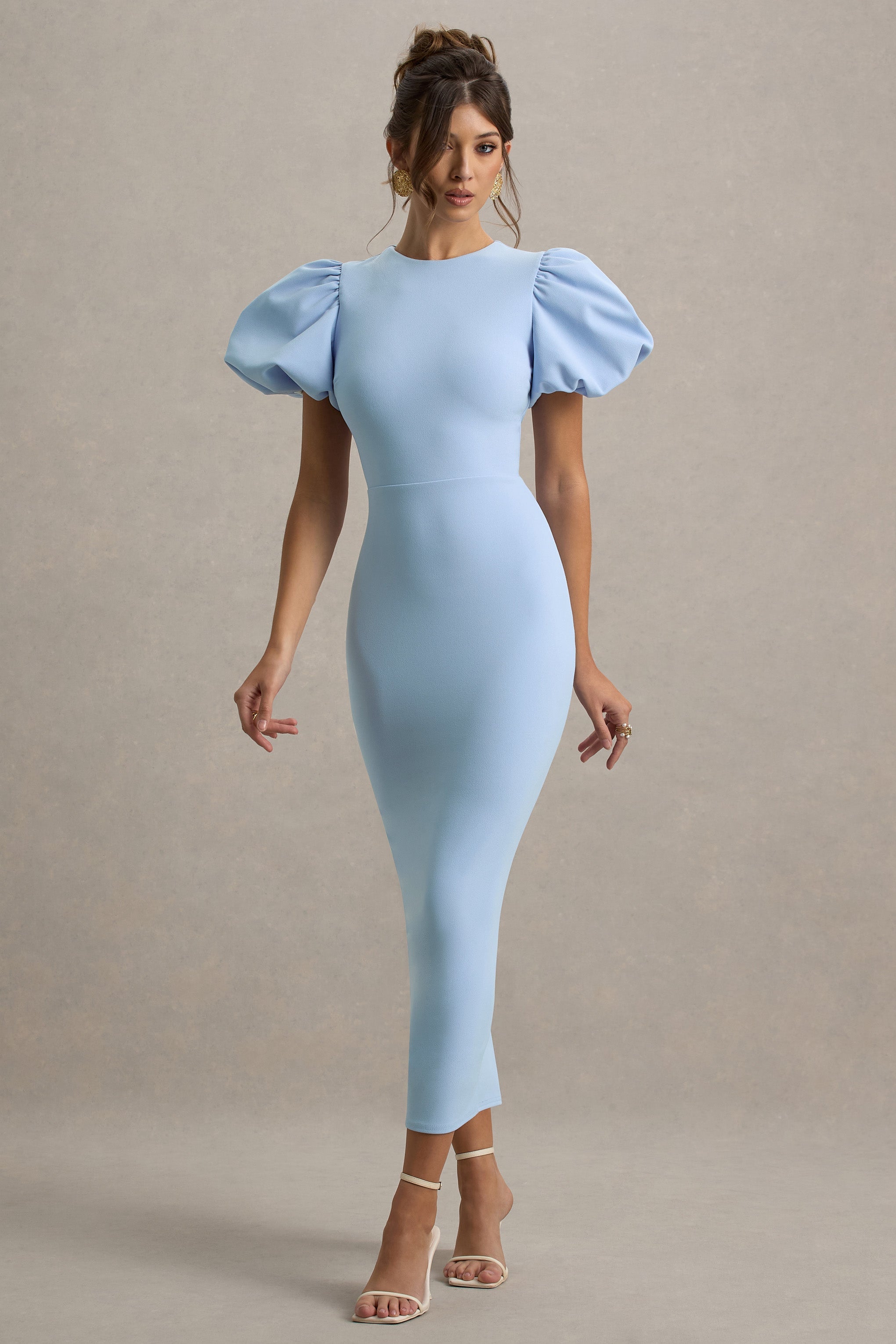 Dakota | Toz Mavi Puff-Sleeve Midi Elbise