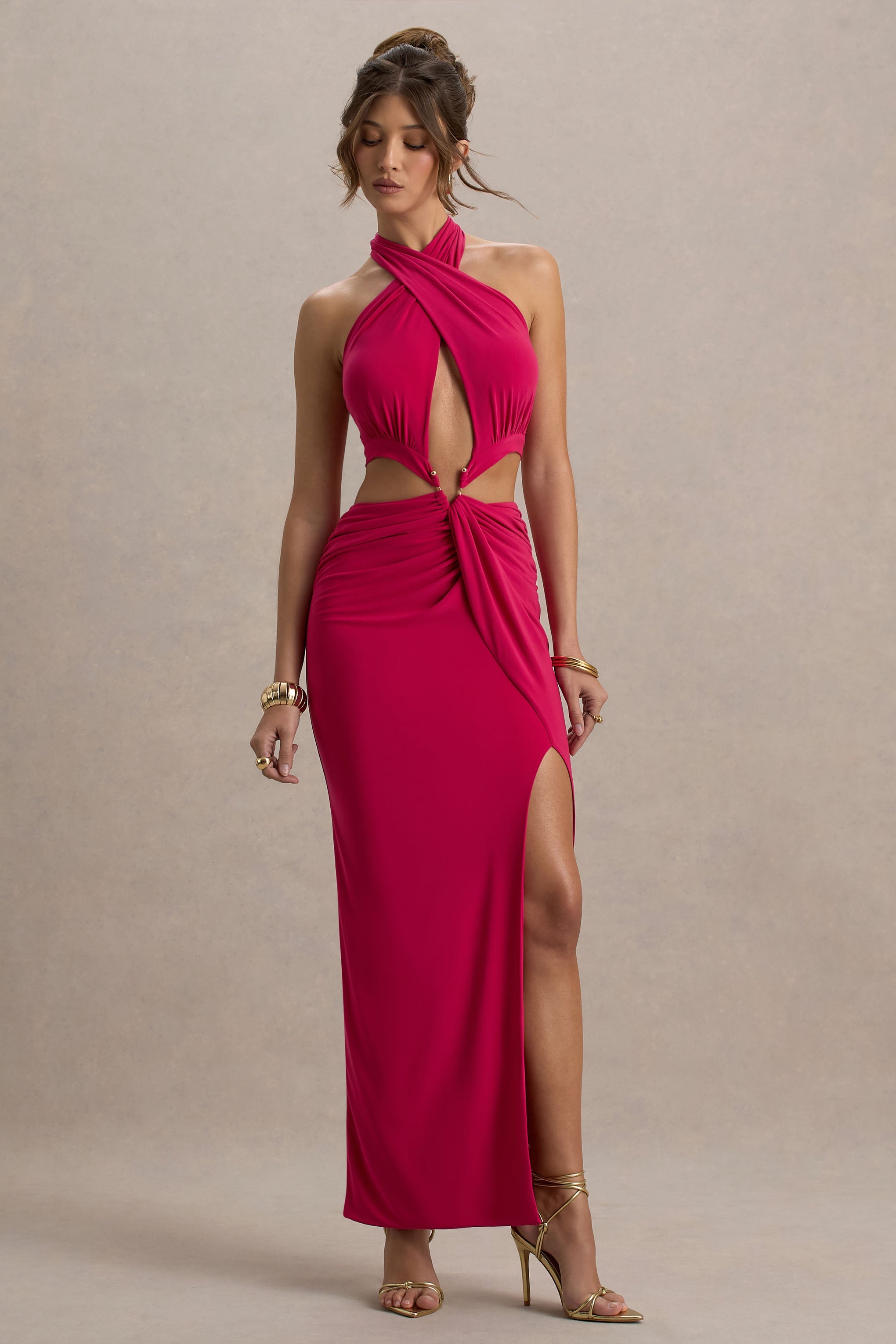 Aura | Sıcak Pembe Halter Yaka Kesik Maxi Elbise