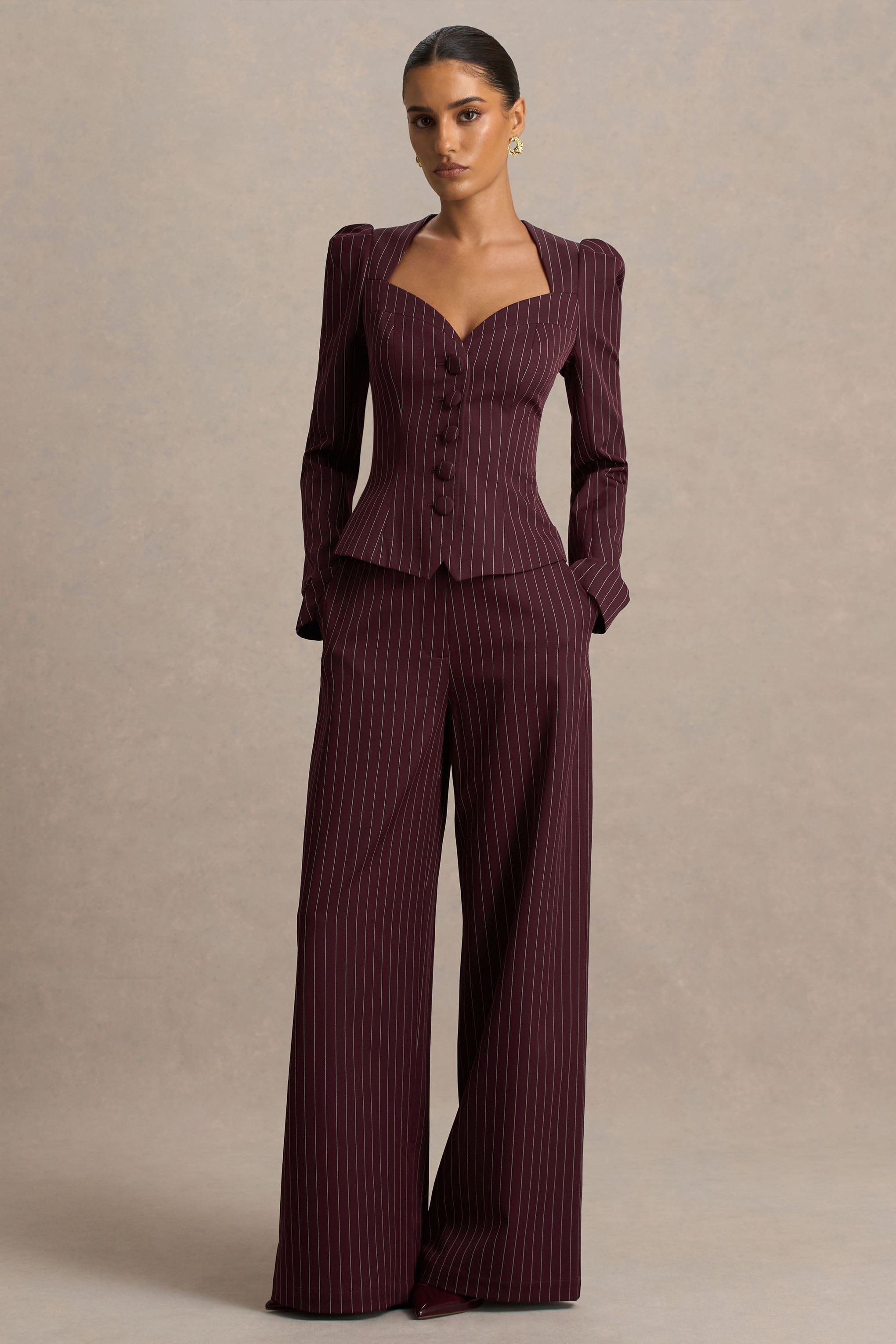 Asteria | Bordo Çizgili Geniş Paça Pantolon