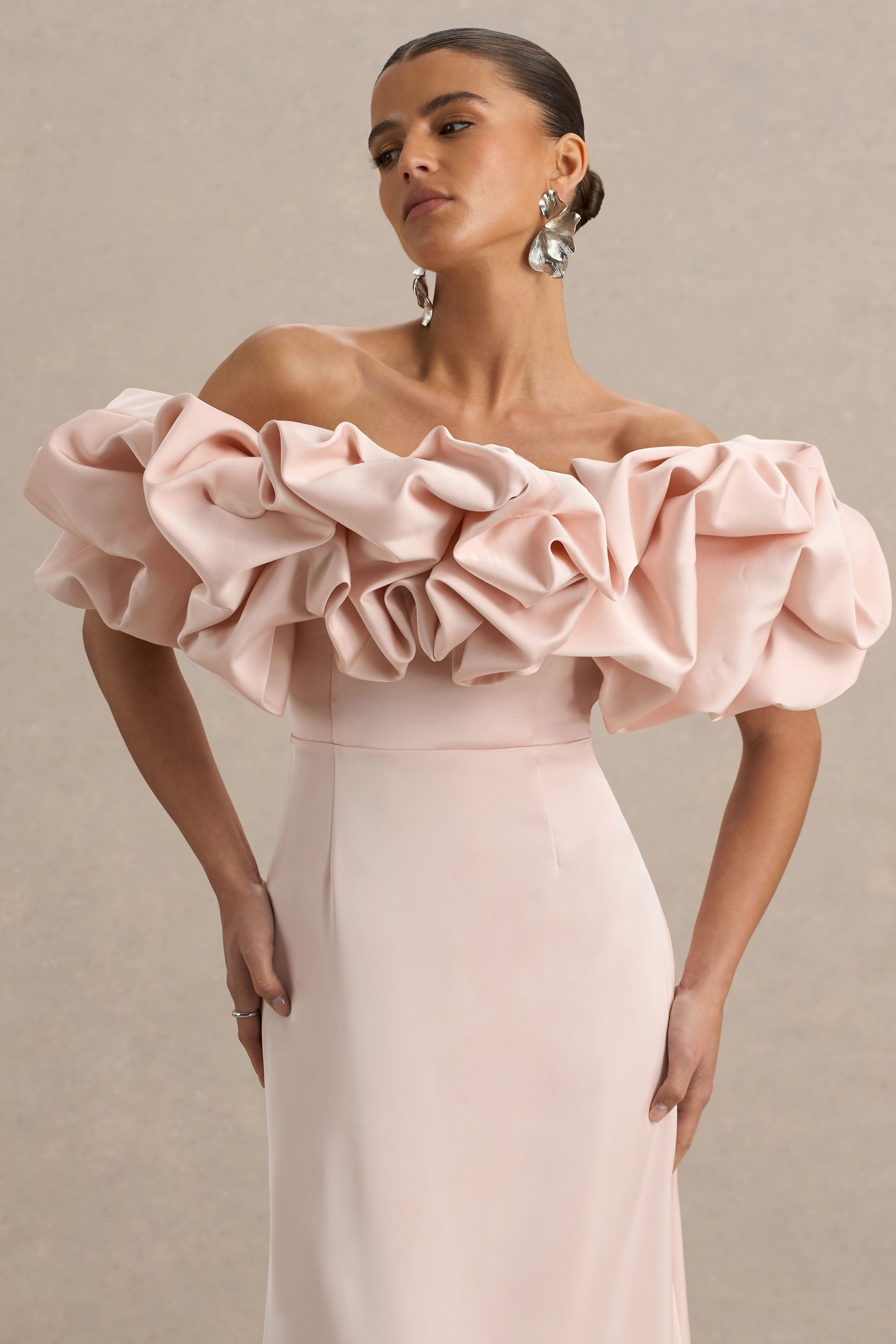 Allie | Soluk Pembe Puff Bardot Maxi Elbise