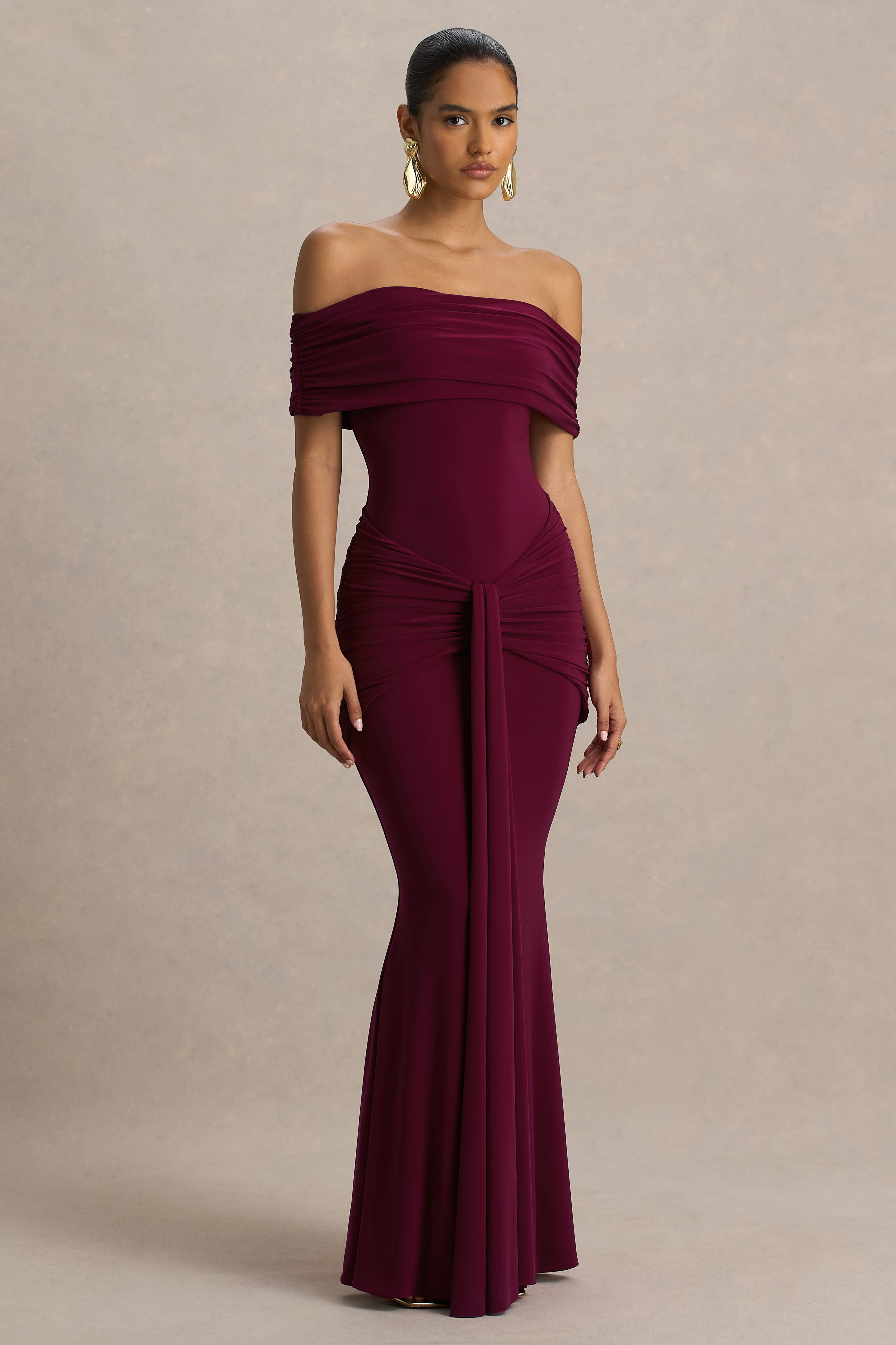 Hayal Edilen | K gathered ve Drape Detaylı Bordo Bardot Yaka Maxi Elbise