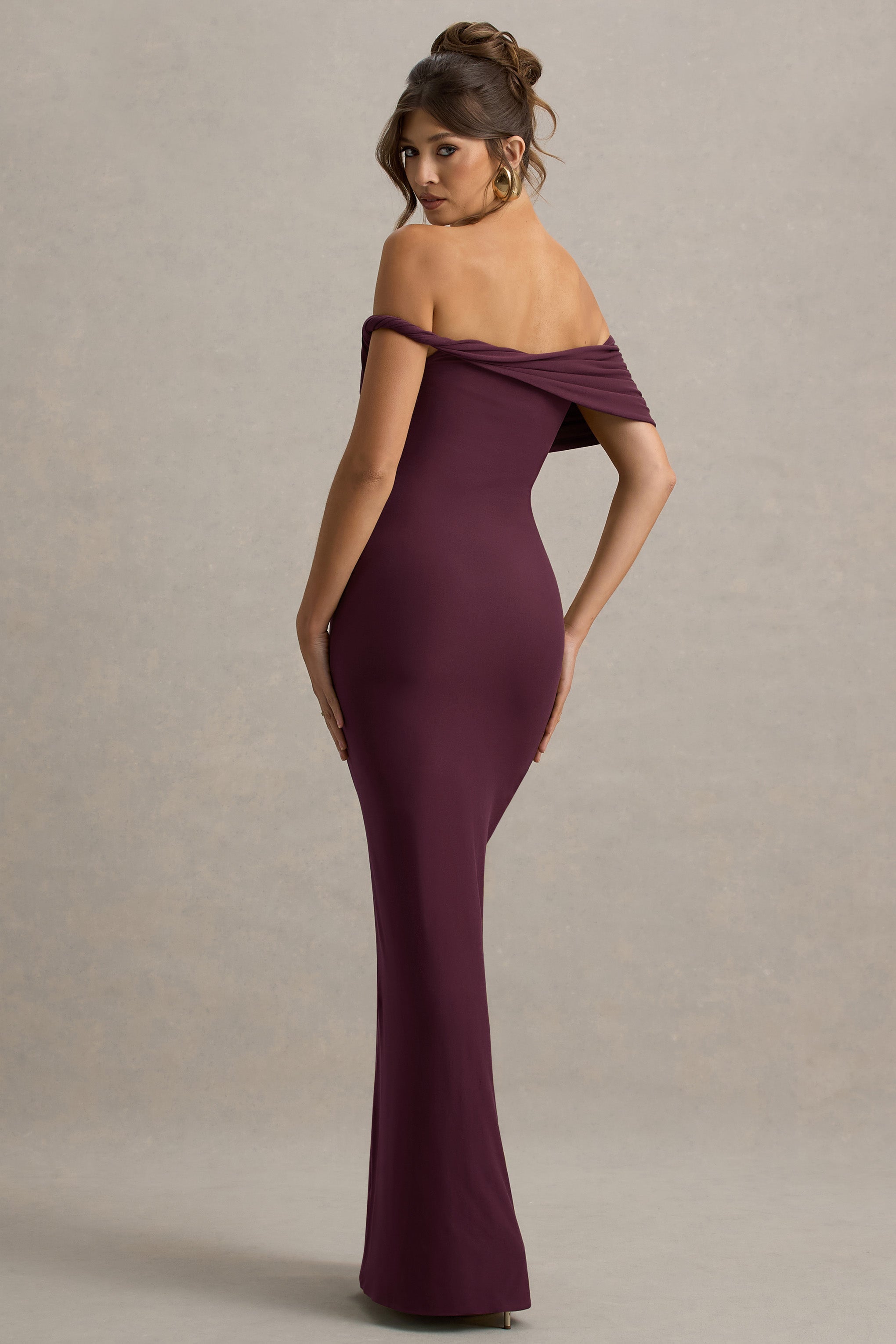 Melika | Bordo Kıvrımlı Bardot Maxi Elbise