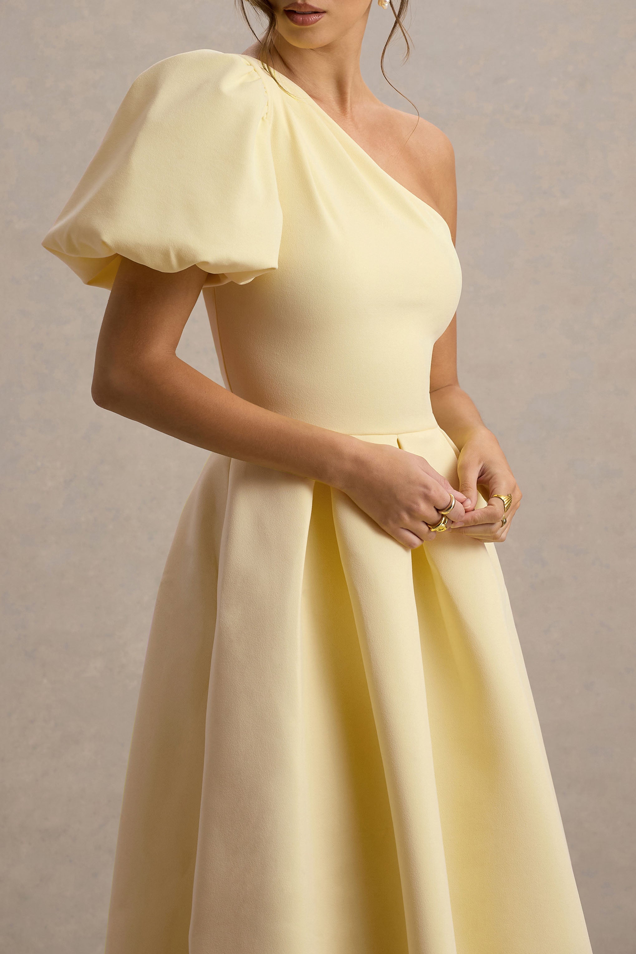 Rochelle | Soluk Limon Asimetrik Puff-Sleeve Midi Elbise