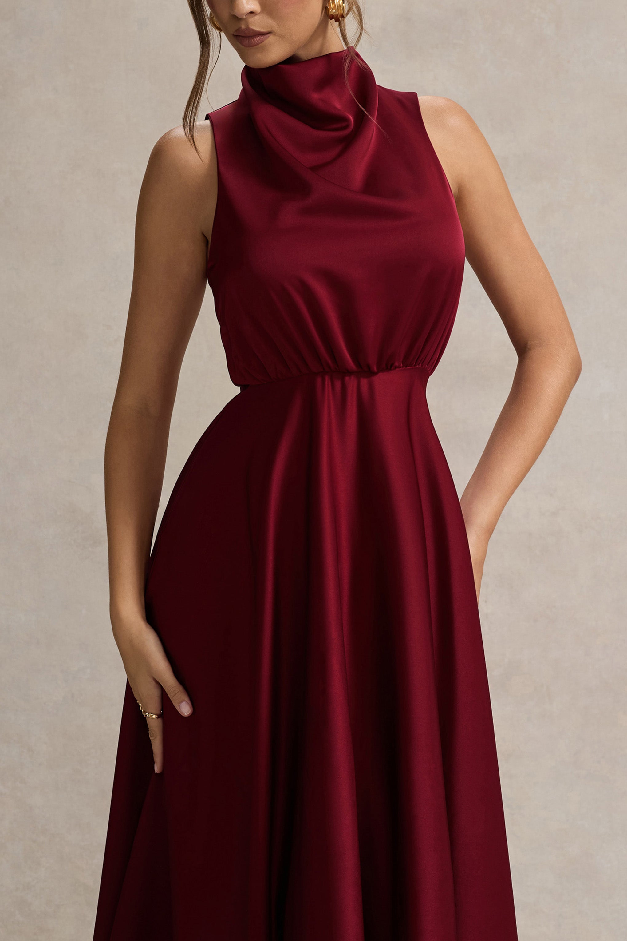 Kerri | Berry Saten Cowl-Neck Maxi Elbise