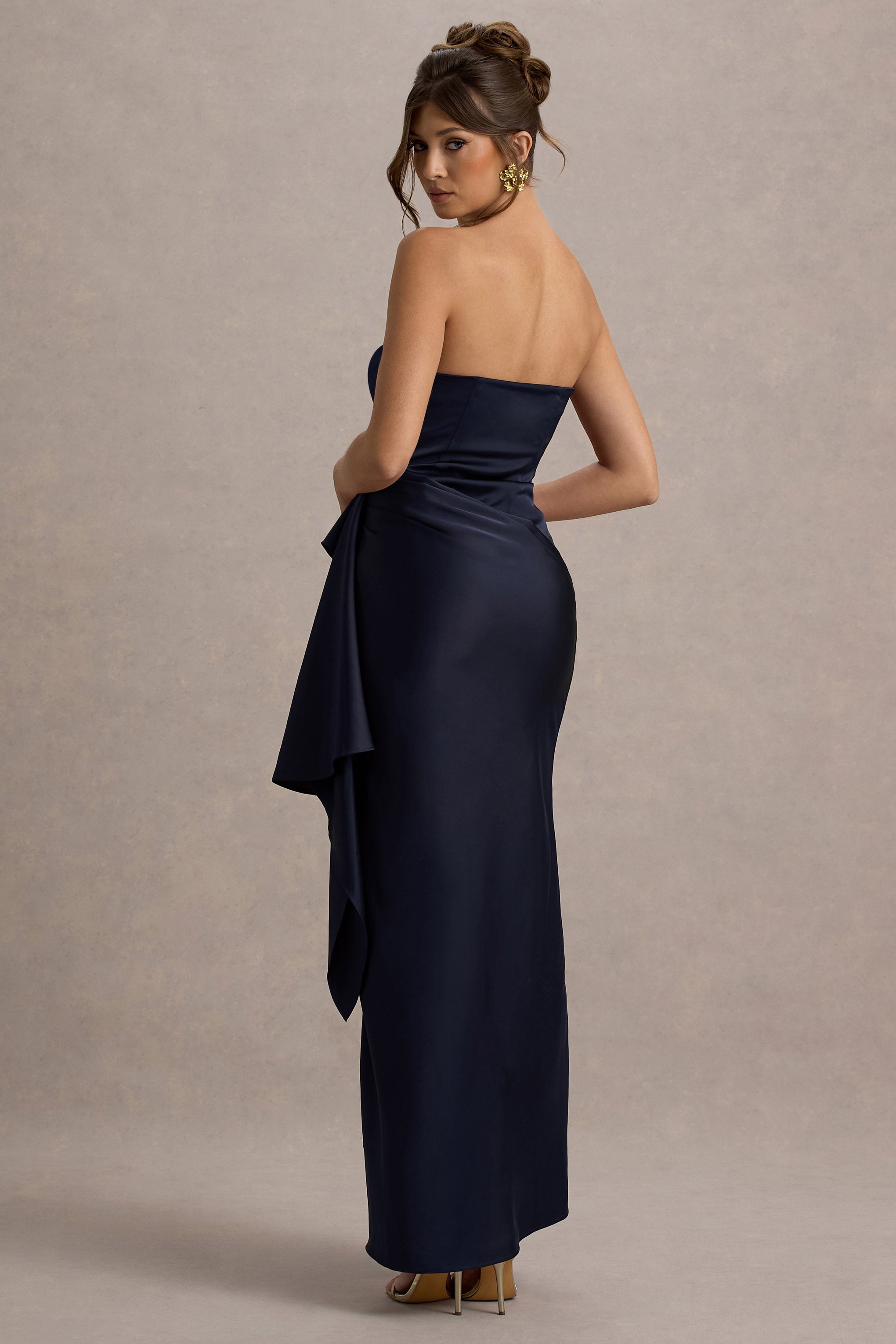 Loz | Lacivert Saten Bandeau Drapeli Maxi Elbise