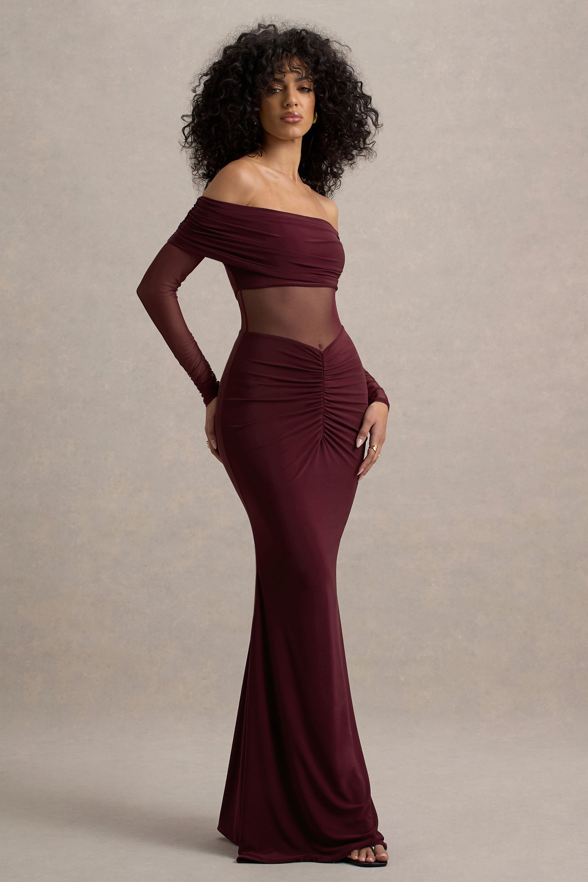 Ismeralda | Bordo File Detaylı Ruched Bardot Maxi Elbise