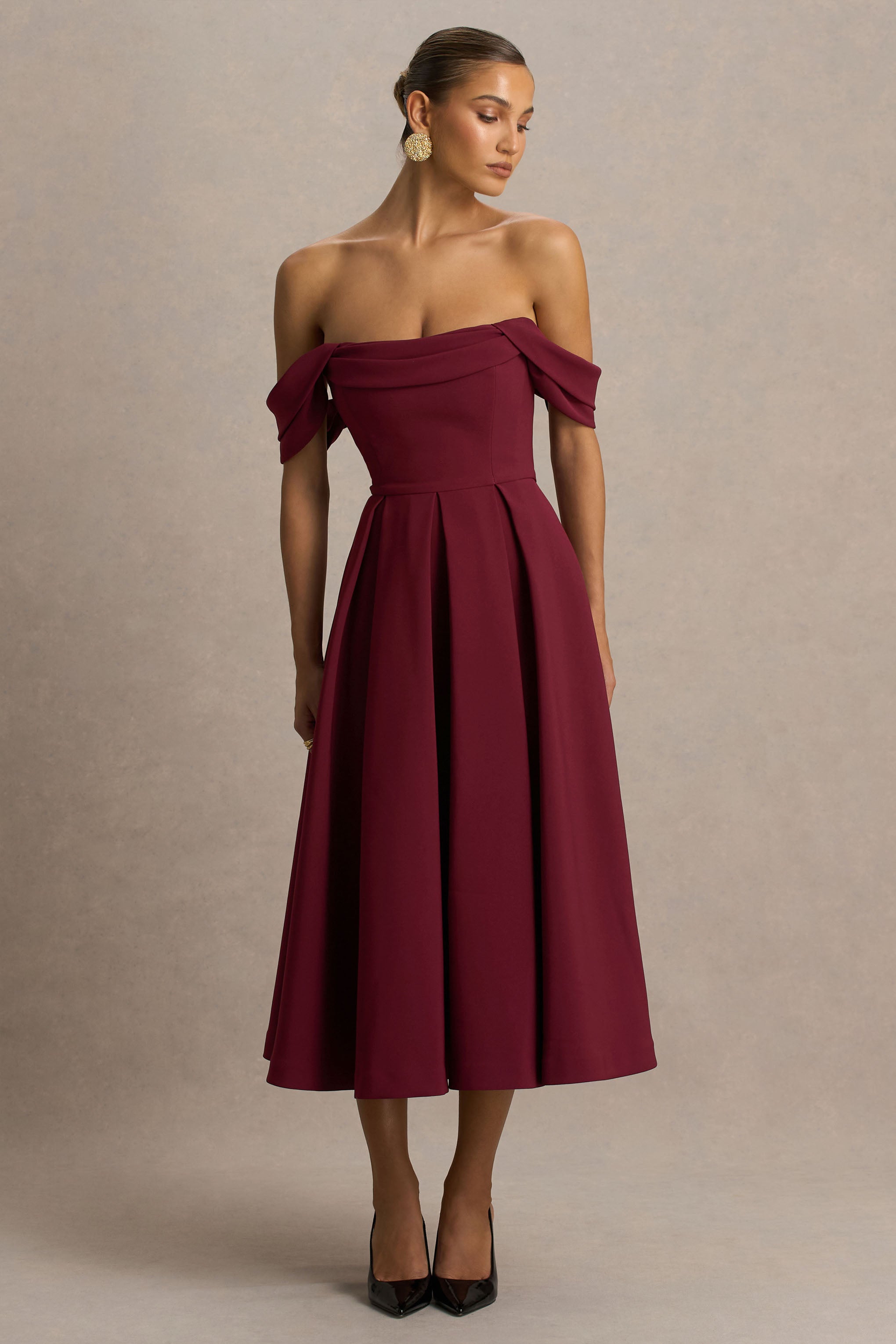 Cosima | Bordo Bardot Yaka Midi Elbise