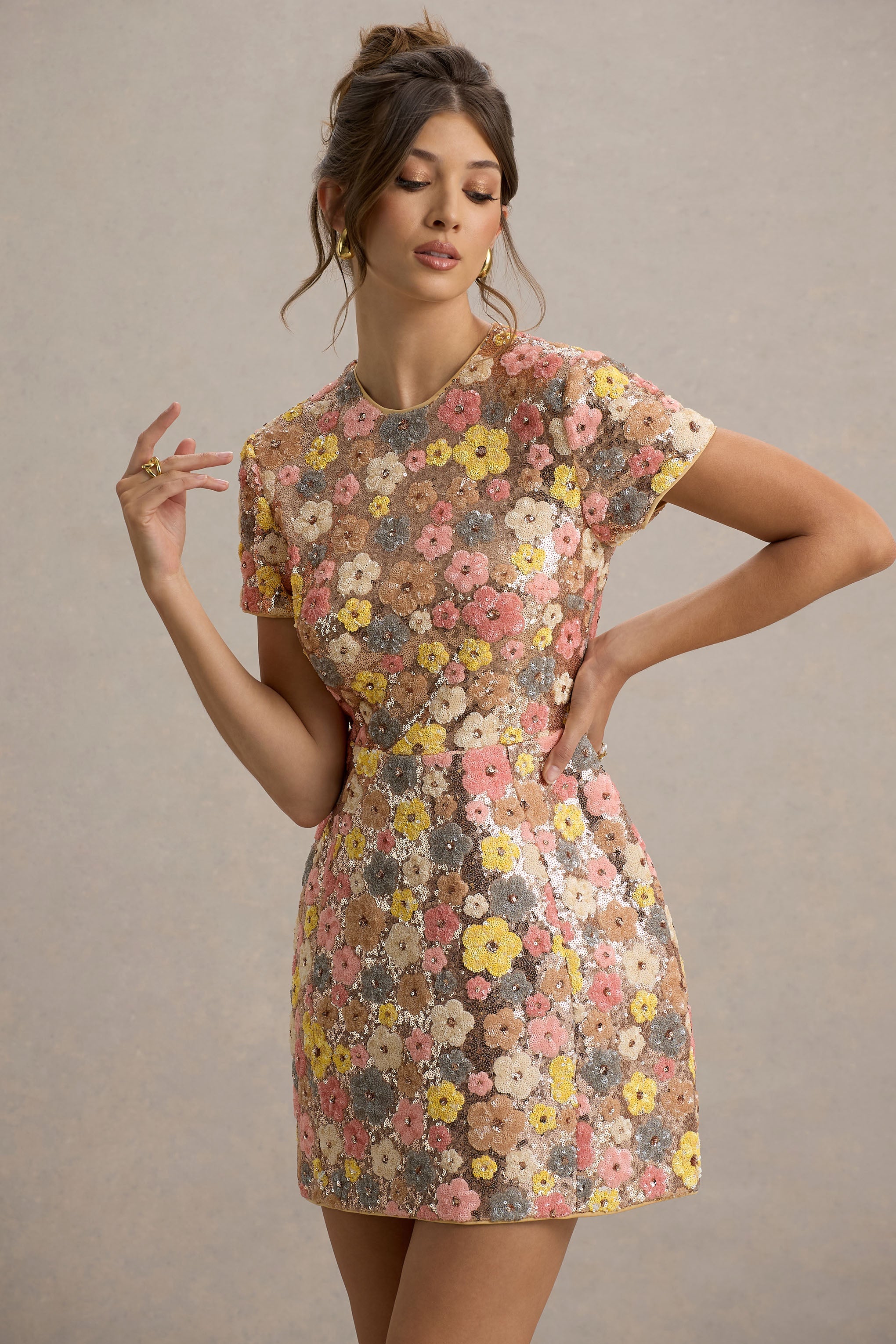 Eira | Pastel Çiçek Desenli Payetli Mini Elbise