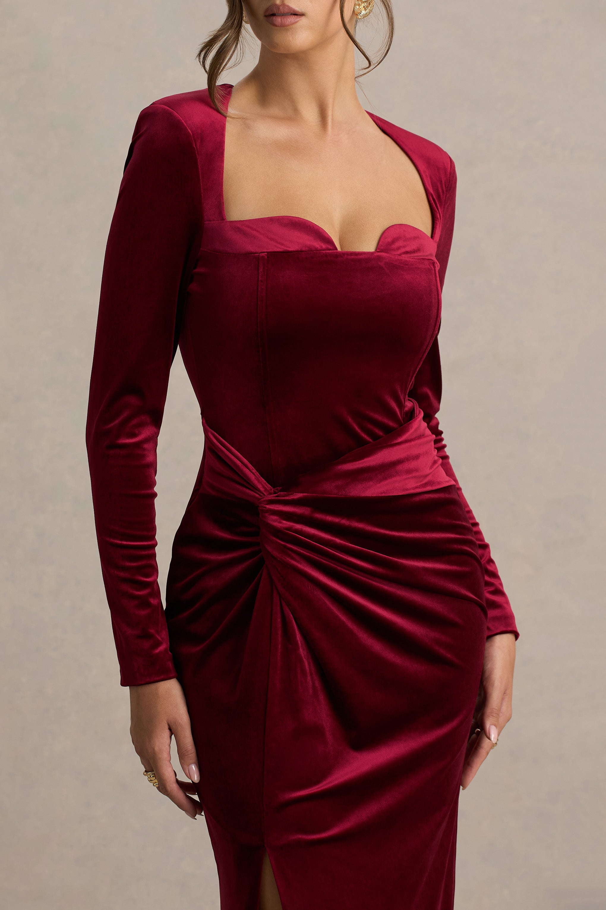 Fay | Berry Kadife Korsaj Stil Düğüm Maxi Elbise