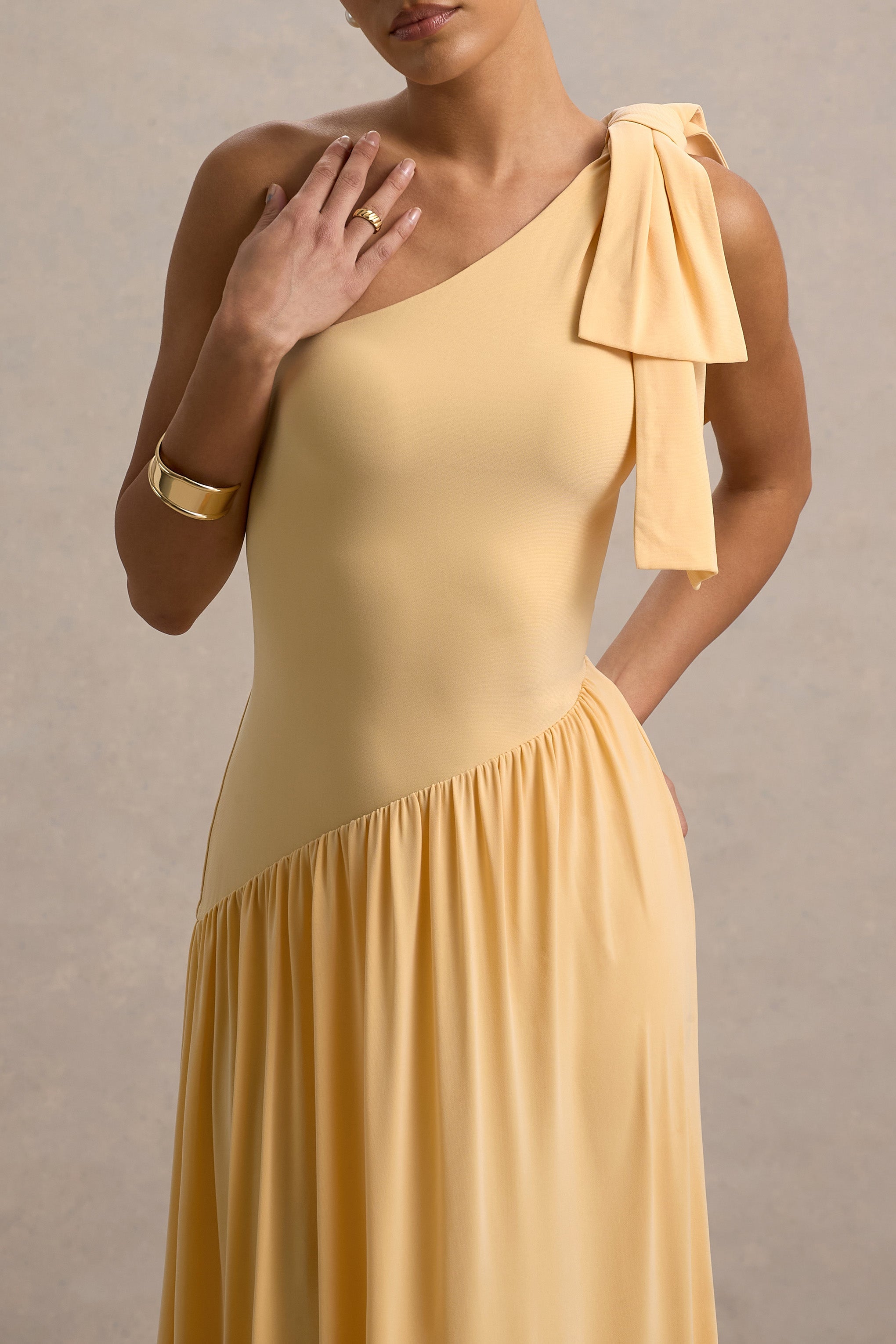 Lotus Aşkı | Bow Detaylı Turuncu Tek Omuzlu Hanky-Hem Maxi Elbise