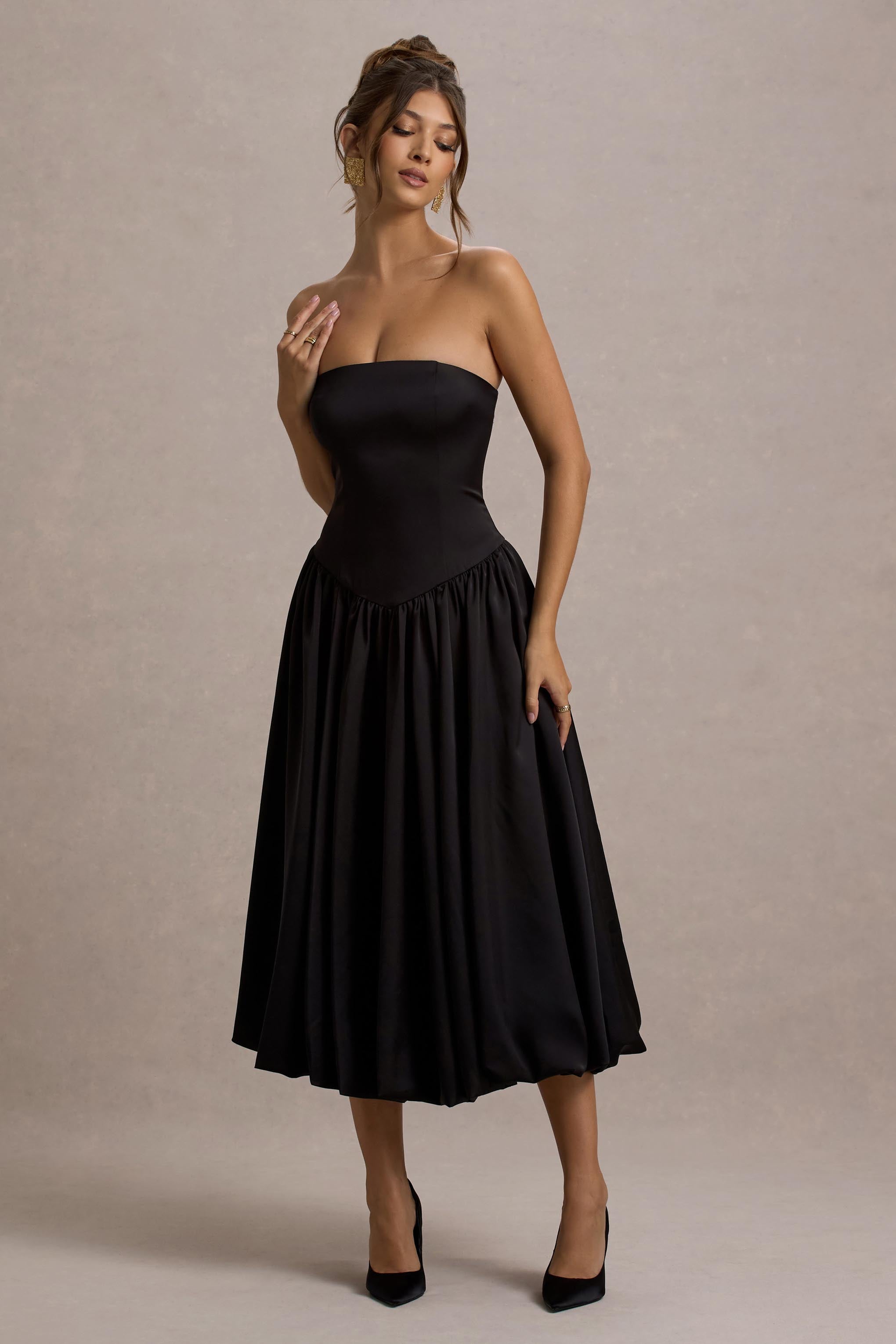 Keyton | Siyah Saten Bandeau Midi Elbise