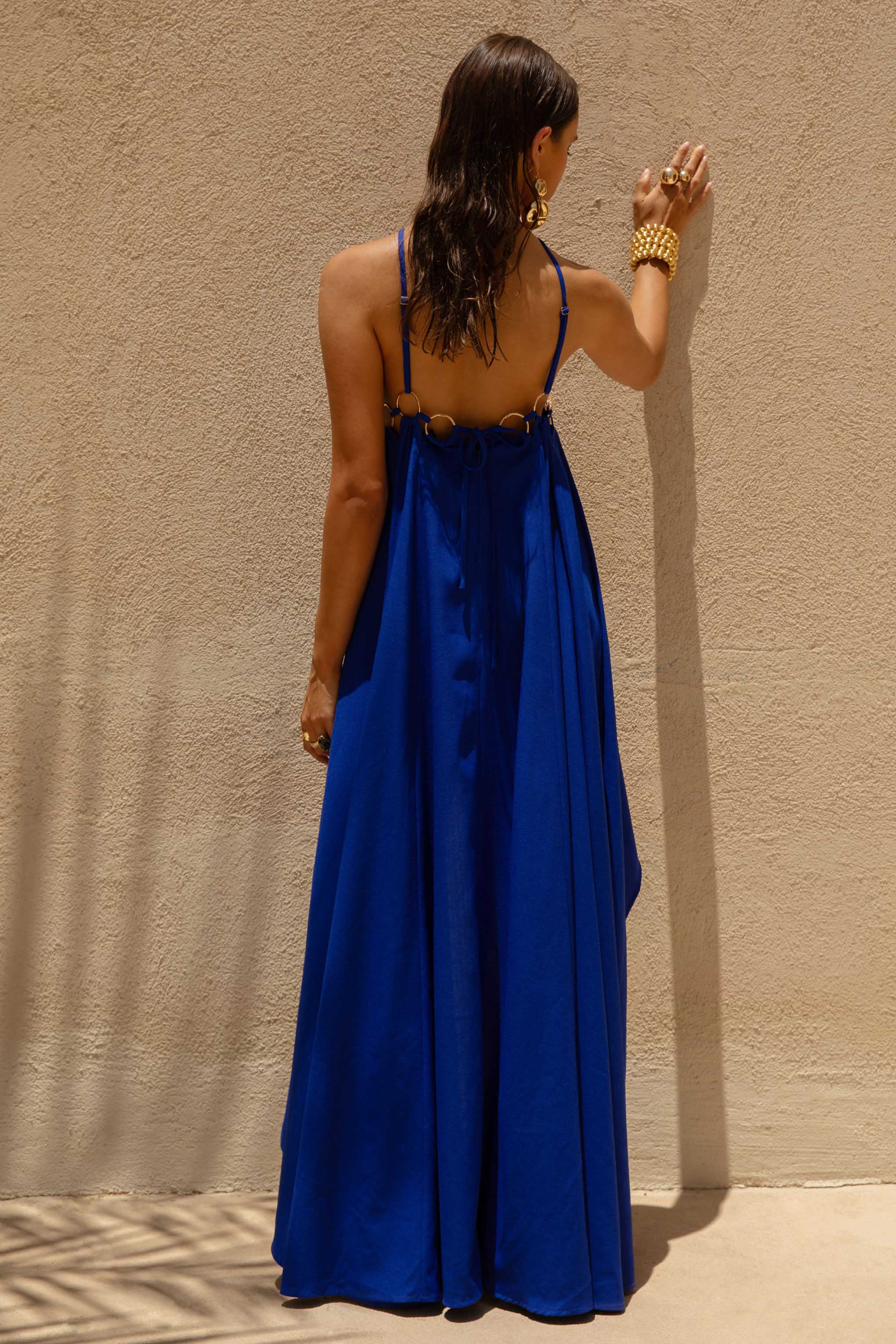 Amiya | Kesik Detaylı Mavi A-Line Maxi Elbise