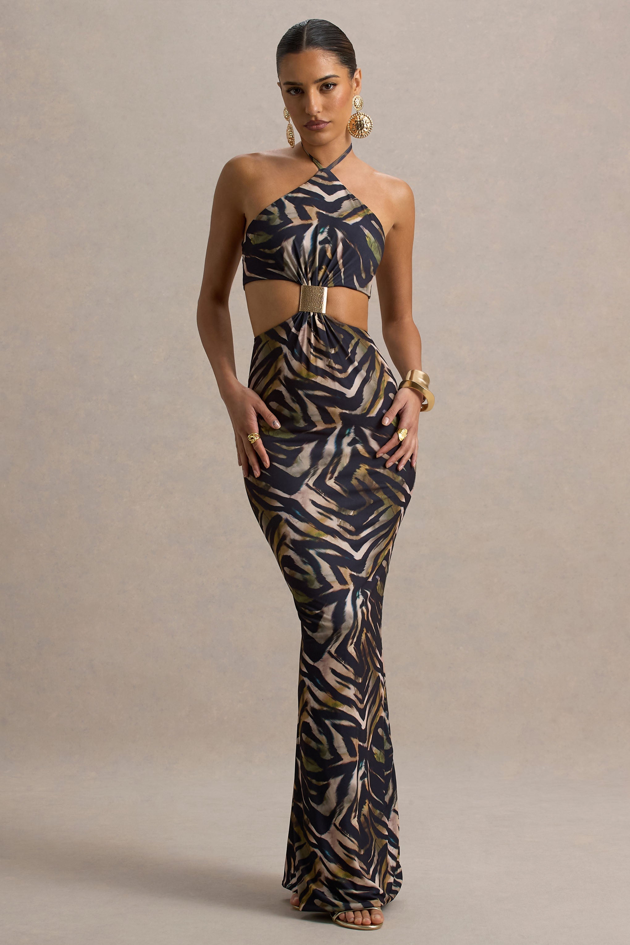 Olina | Zebra Desenli Halter Yaka Kesik Maxi Elbise