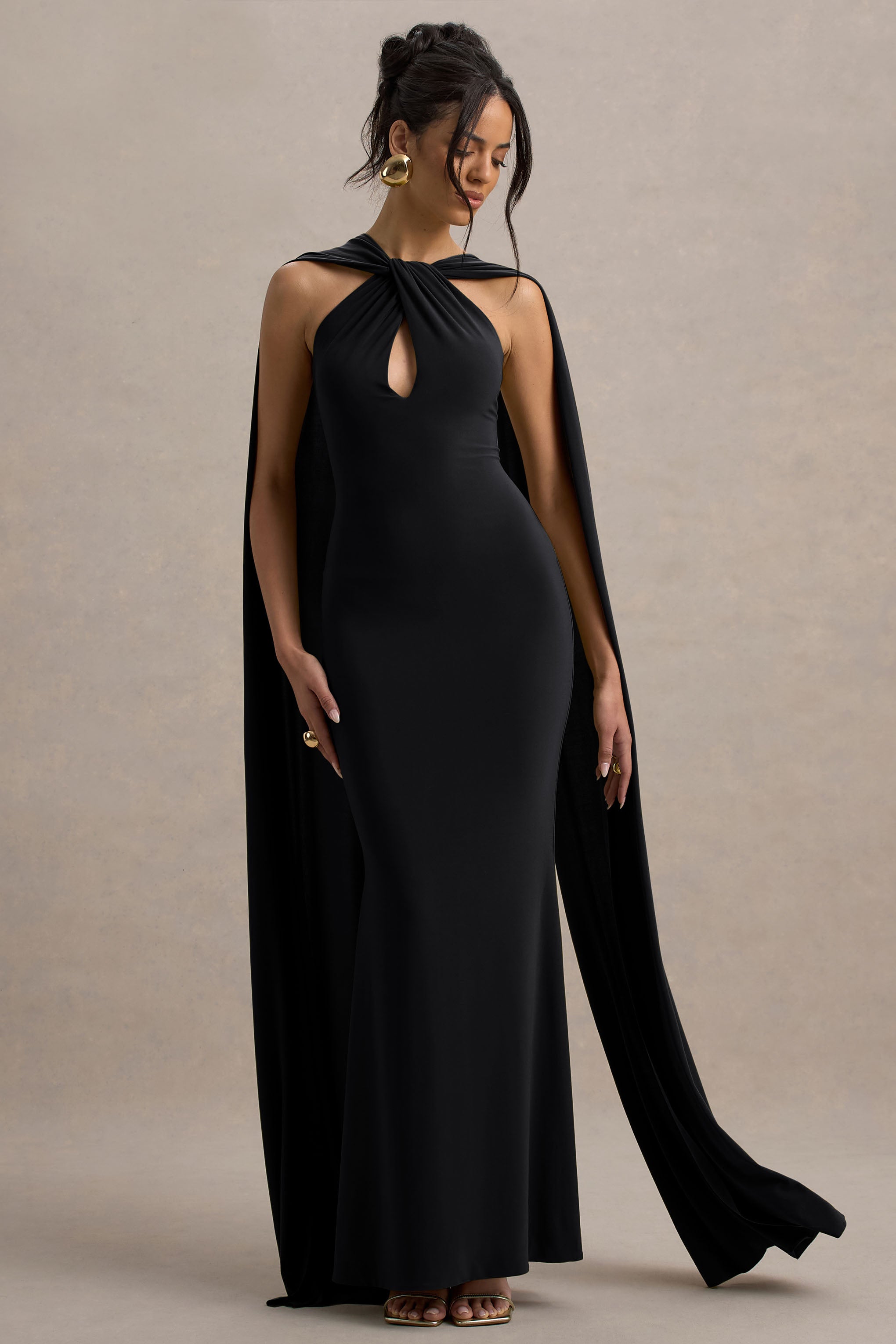 Rhoda | Siyah Dönme Halter Yaka Maxi Elbise