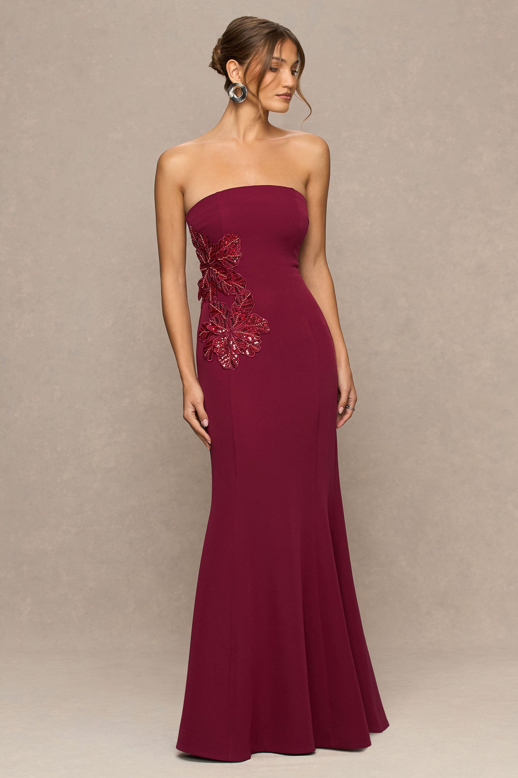 Aylana | Bordo Bandeau Maxi Elbise Süsleme Detayı ile