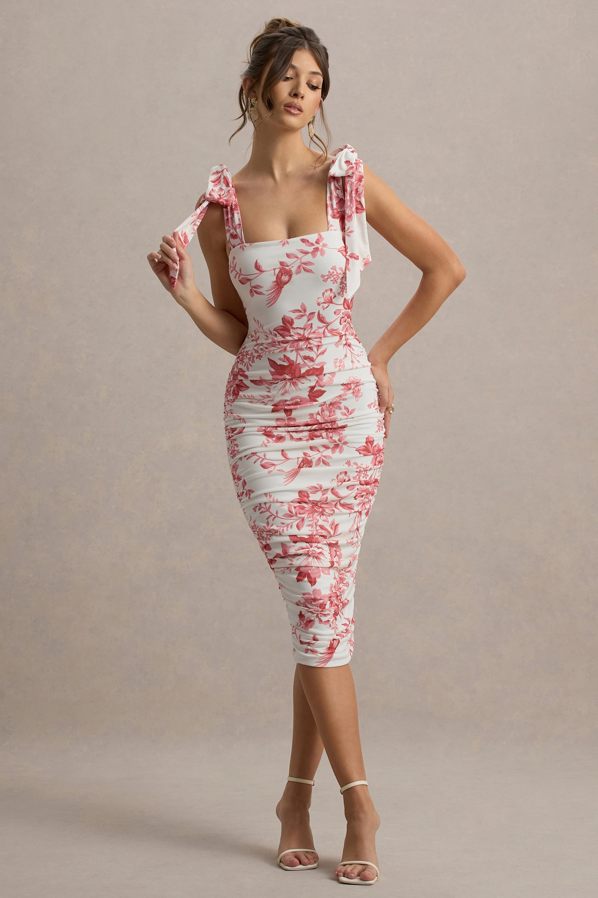 Cordelia | Pembe Porselen Desenli Bodycon Midi Elbise ile Fiyonk Askılar