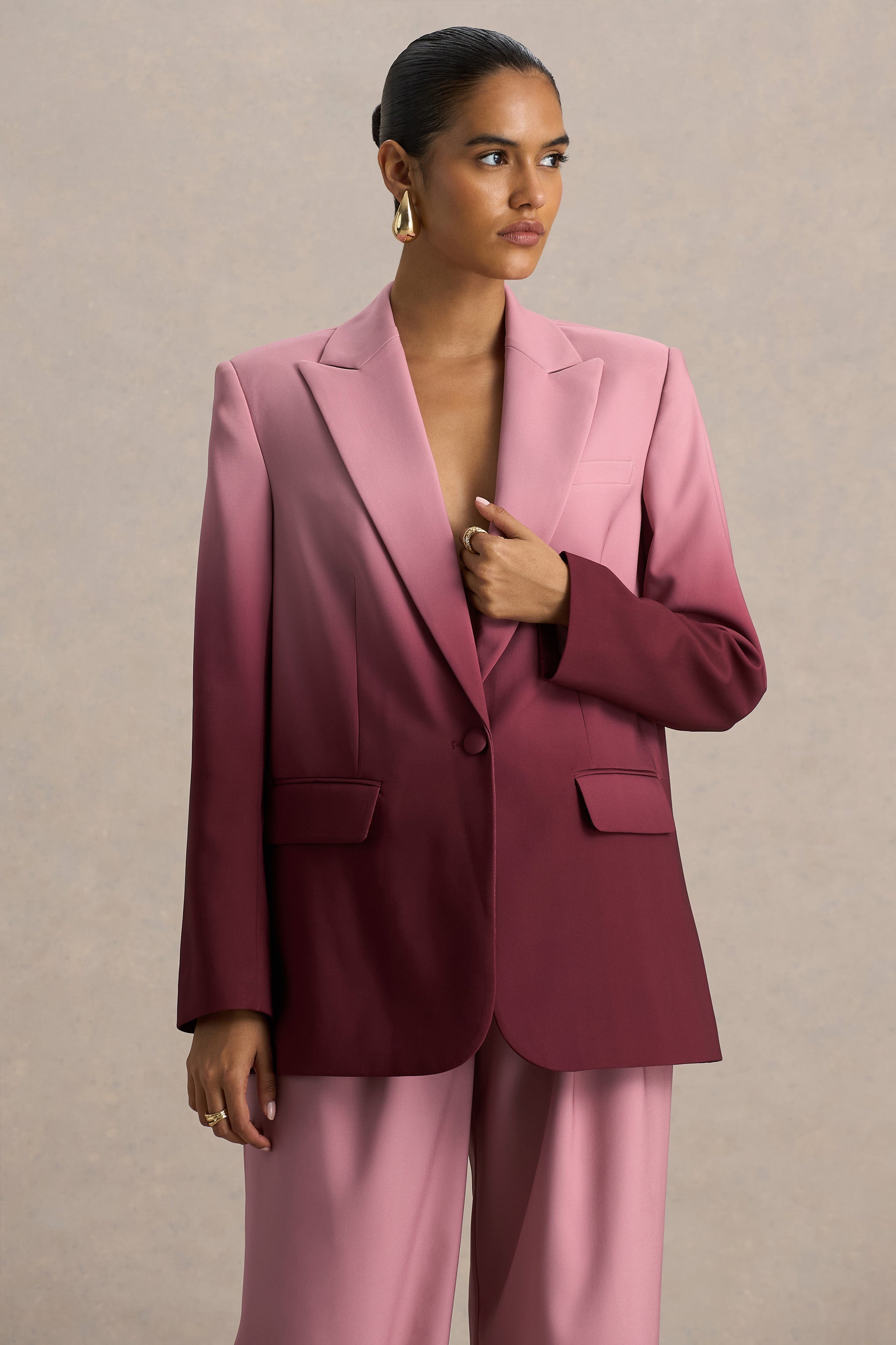 Enya | Kiraz Ombre Derin Yaka Saten Blazer