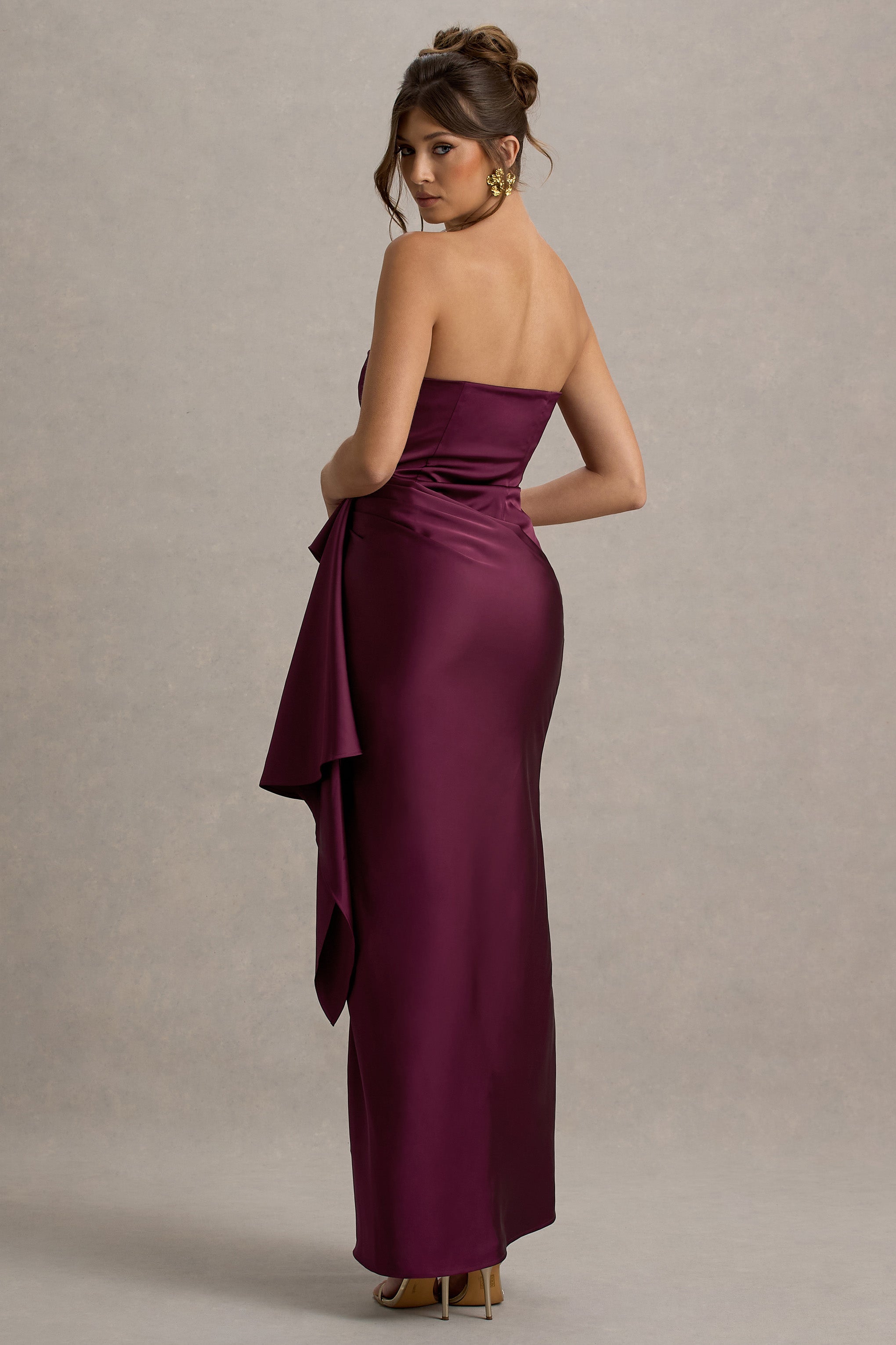 Loz | Bordo Saten Bandeau Drapeli Maxi Elbise