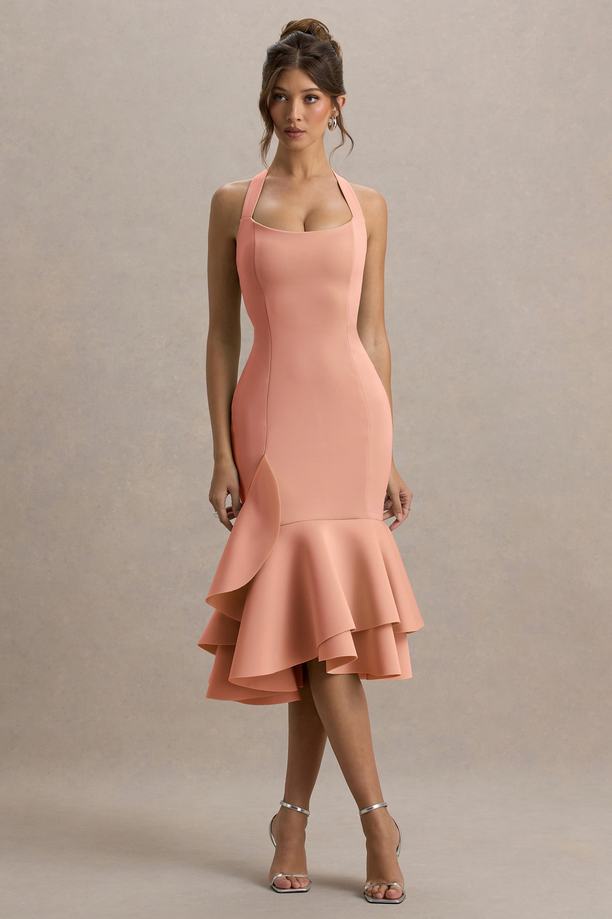 Arla | Pembe Halter Yaka Volanlı Midi Elbise