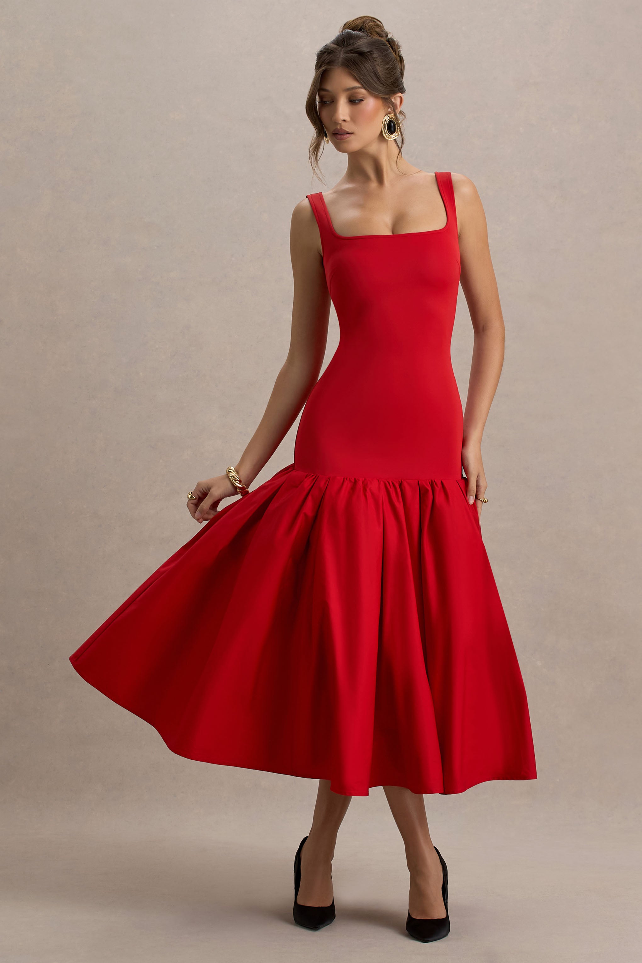 Parida | Peplum Etekli Kırmızı Poplin Midi Elbise