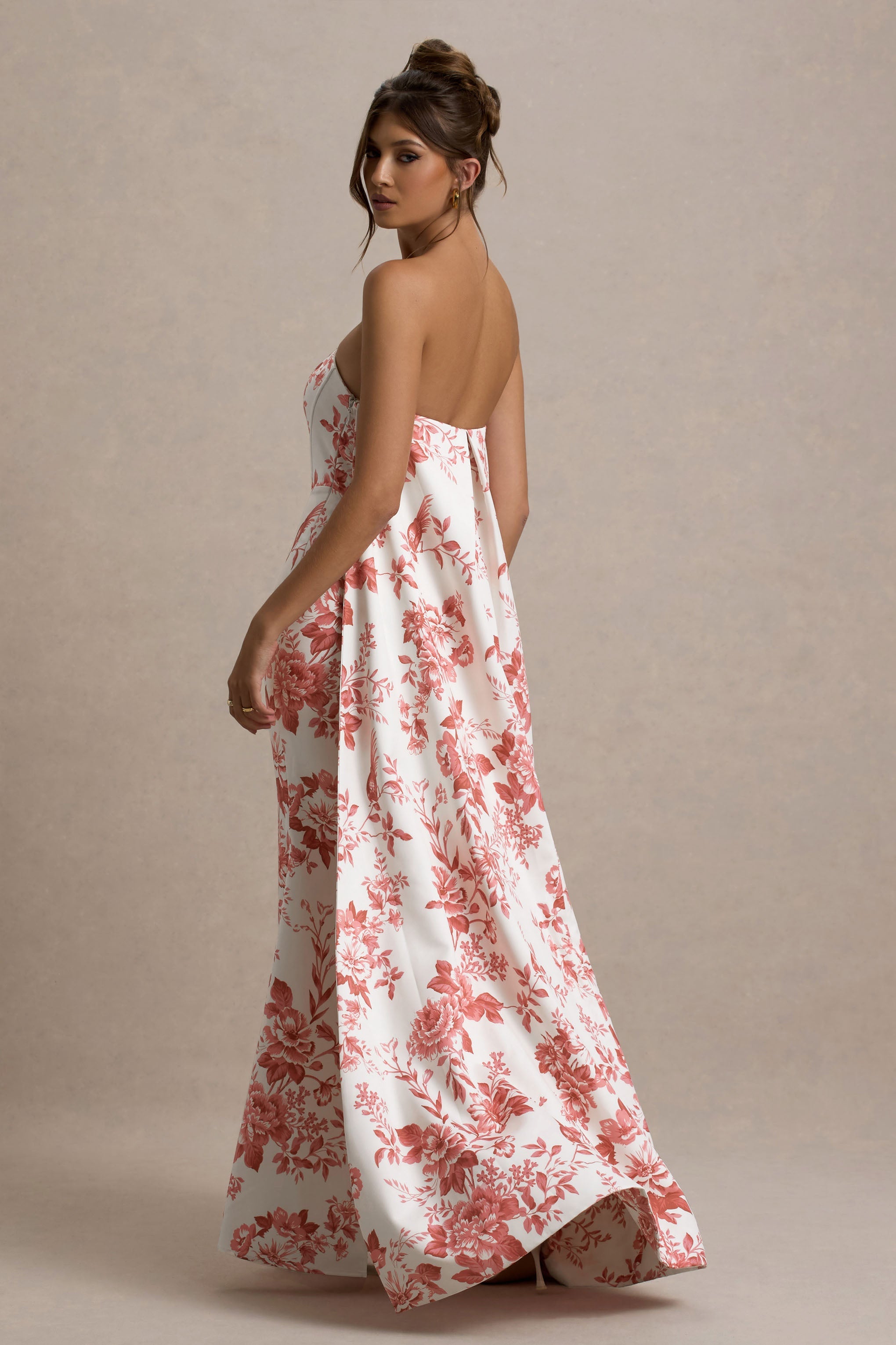 Lywenn | Pembe Porselen Desenli Bandeau Maxi Elbise Pelerin ile