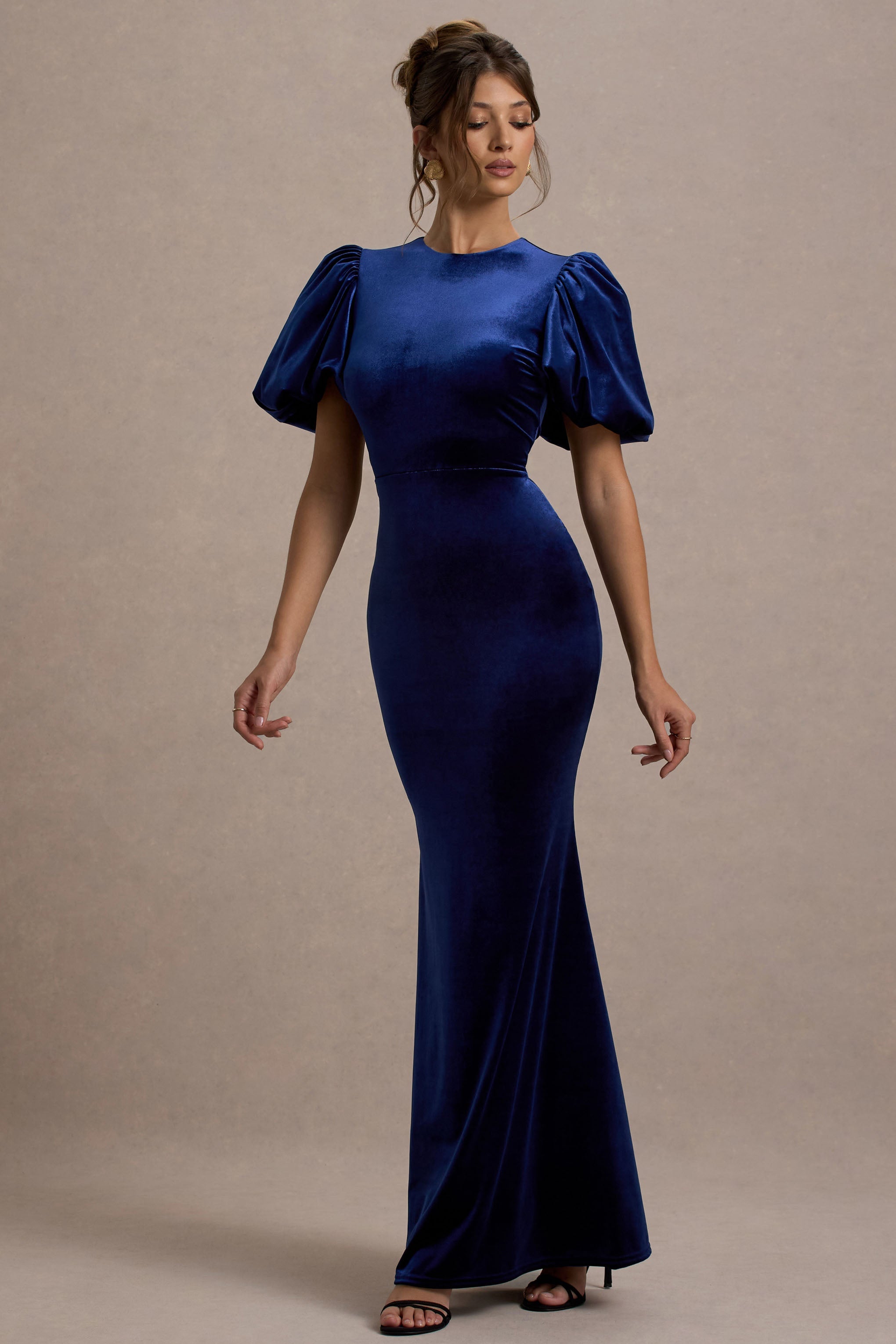 Ashlin | Lacivert Kadife Puff-Sleeve Maxi Elbise