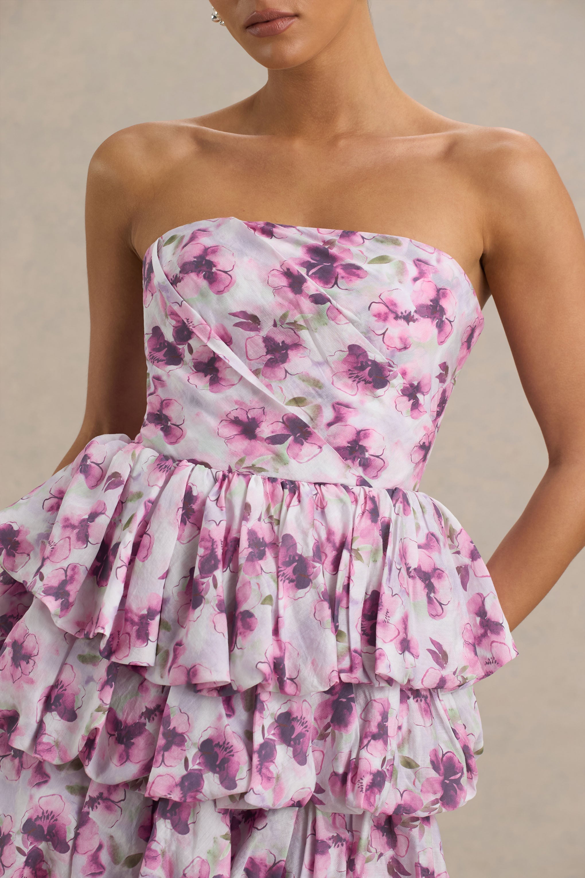 Swirl | Fırfırlı Detaylı Krem Çiçek Desenli Bandeau Puffball Mini Elbise