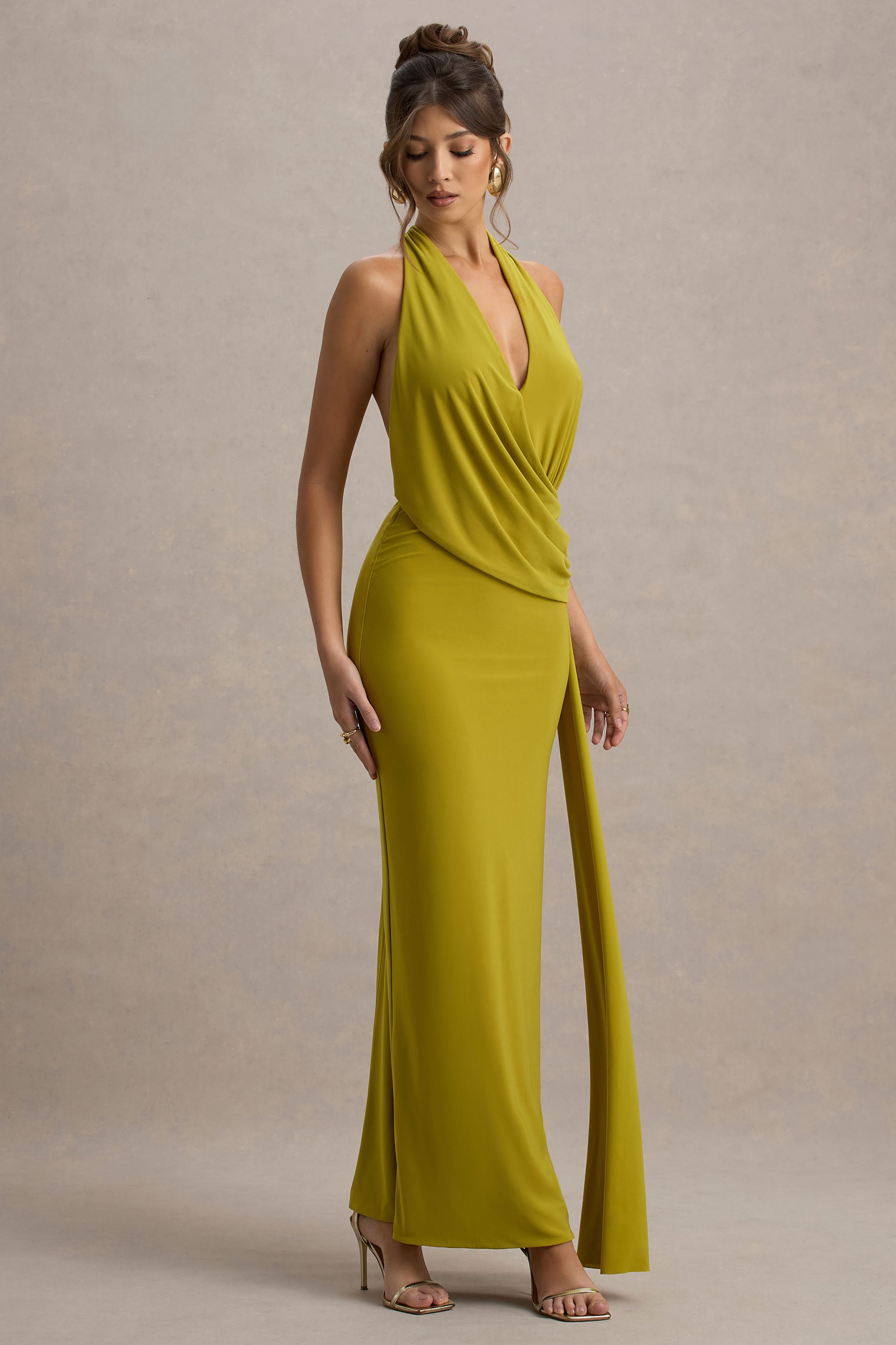 Rosina | Yeşil Halter Yaka Drapeli Maxi Elbise Sash ile