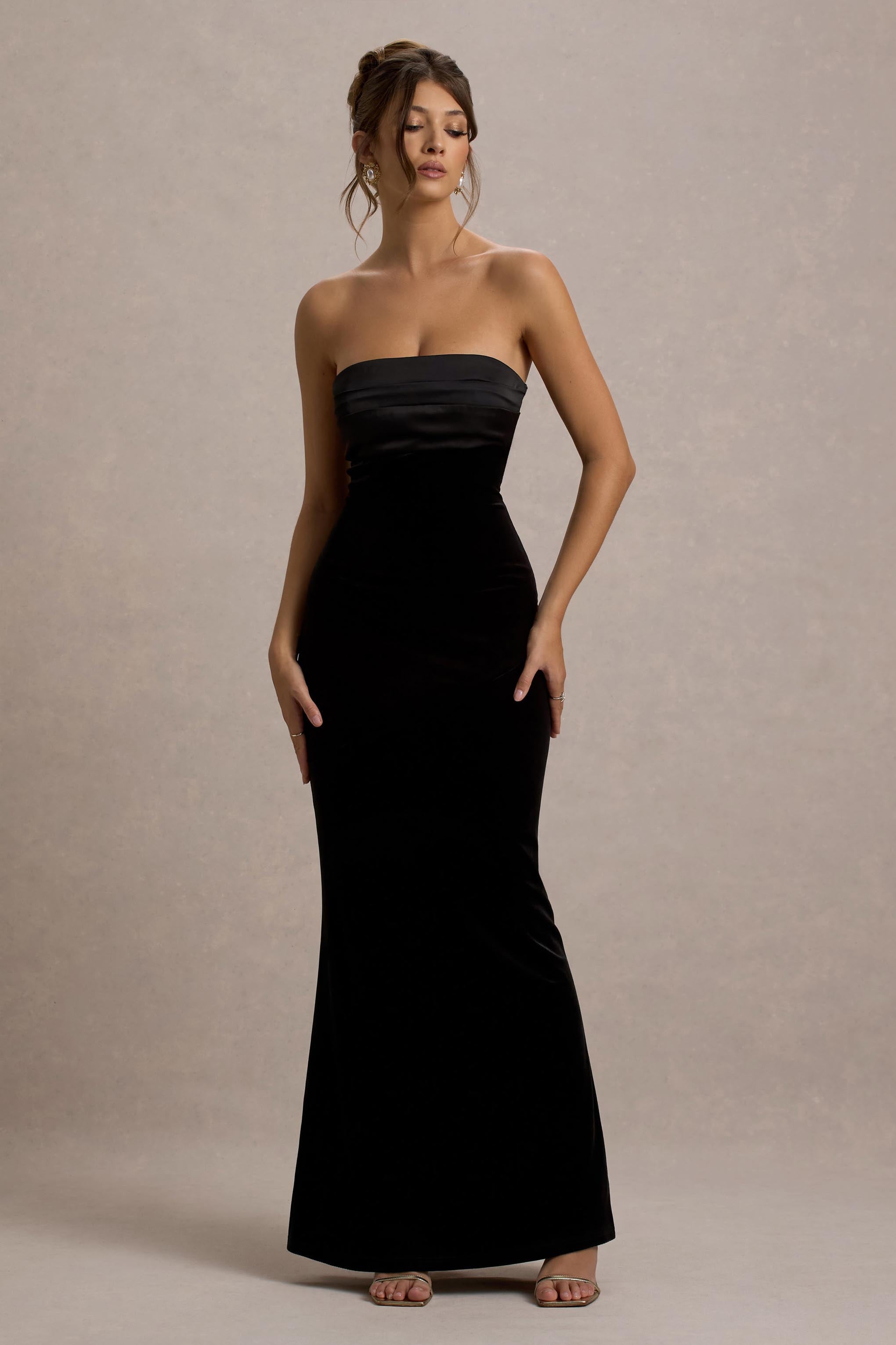 Ambrosi | Siyah Kadife Bandeau Maxi Elbise