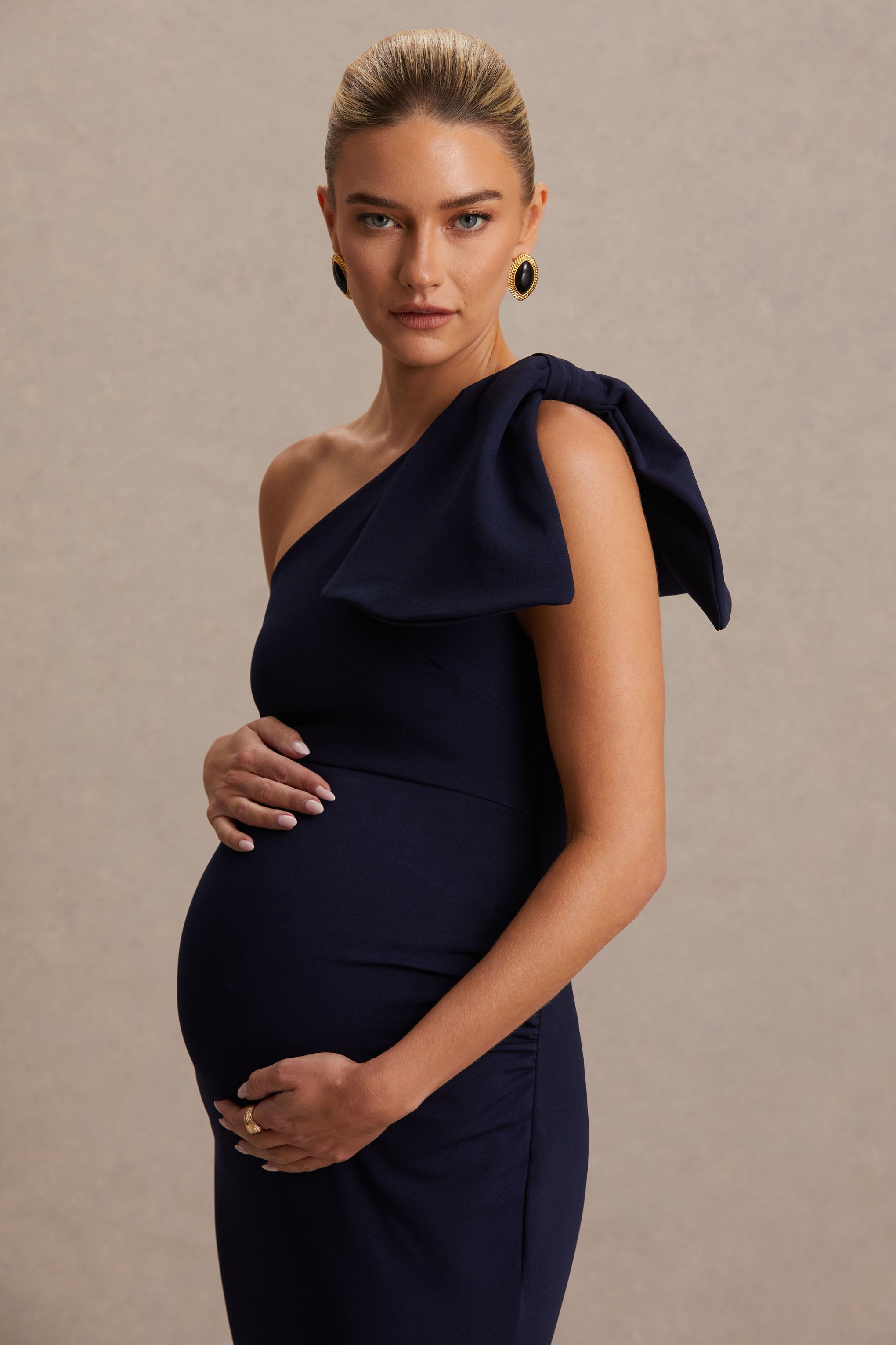 Adorn | Askı Fiyonk Detaylı Lacivert Asimetrik Hamile Midi Elbise