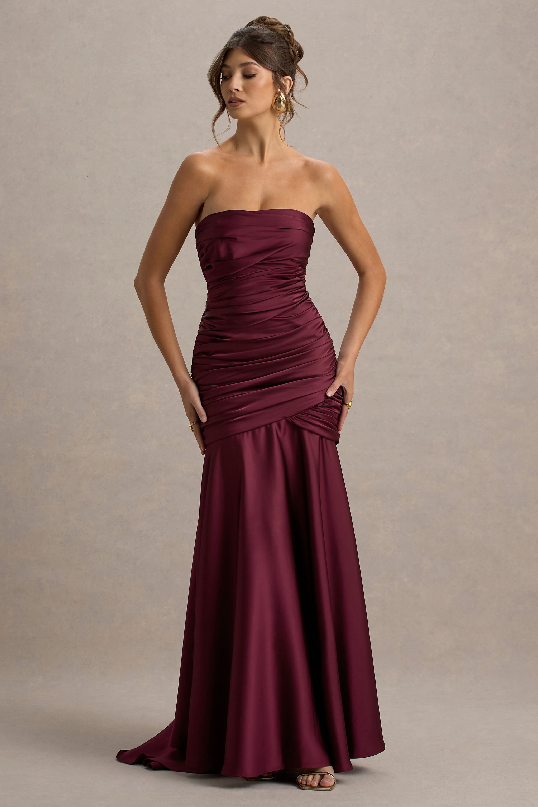 Cassidy | Bordo Saten Bandeau Toplu Maxi Elbise
