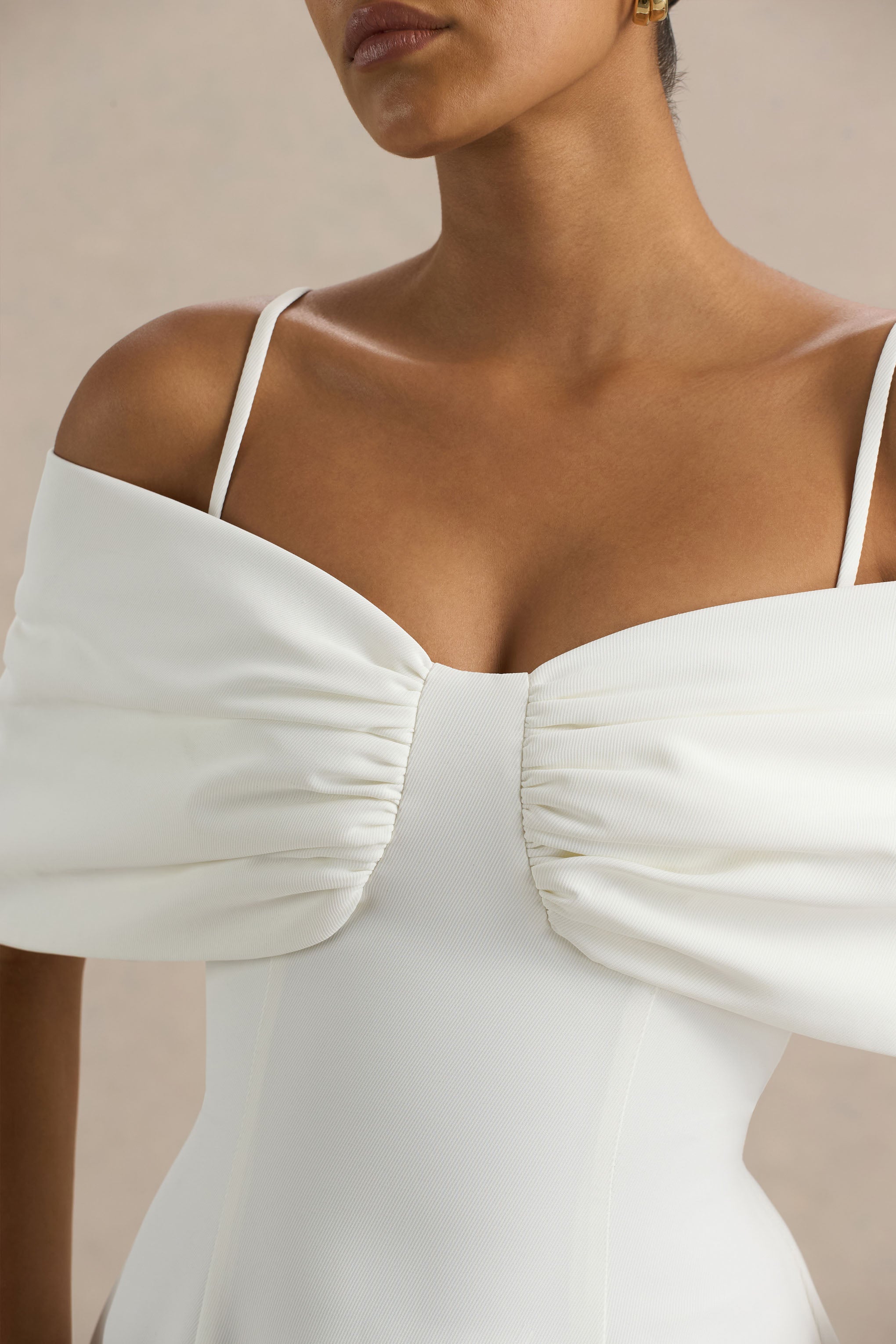 Hettie | Beyaz Kısa Kollu Bardot Midi Elbise İp Detayı ile
