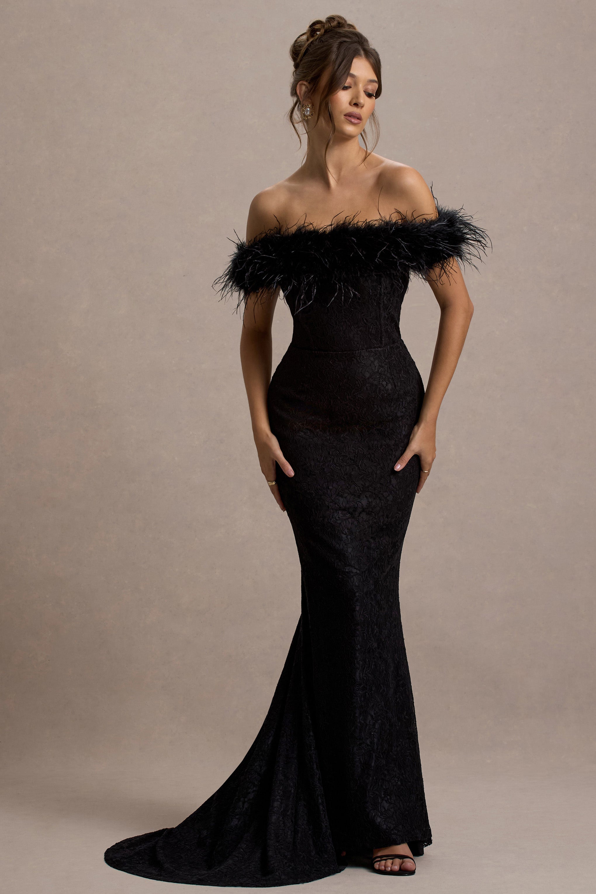 İdyll | Siyah Dantel Bardot Kuş Tüyü Fishtail Maxi Elbise